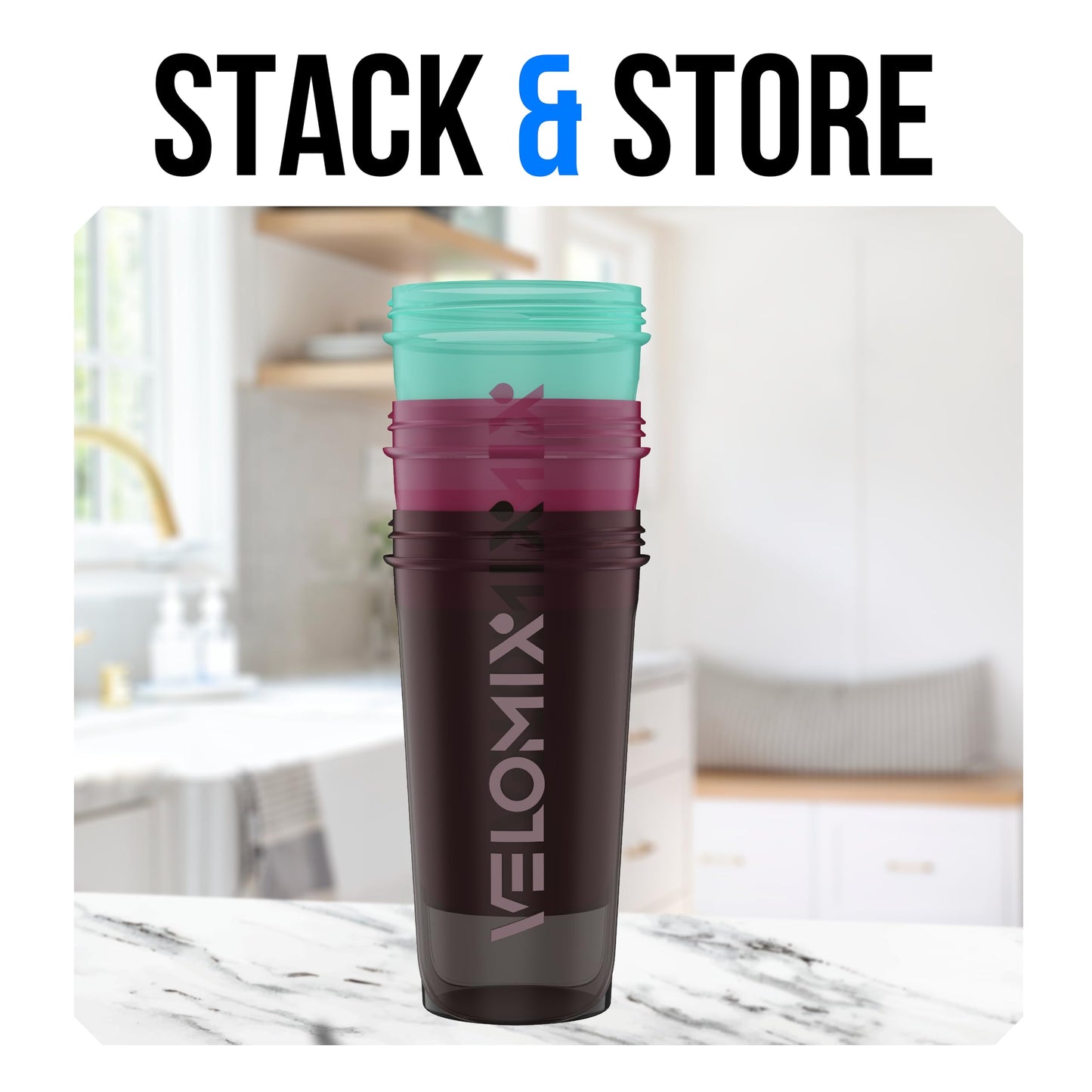 VELOMIX -3 PACK- 14 oz Protein Shaker Bottle for Protein Mixes - 3x Wire Whisk | Leak Proof Shaker Cups for Protein Shakes | Stackable Protein Shaker Bottle Pack | Dishwasher Safe (Mixed Colors)
