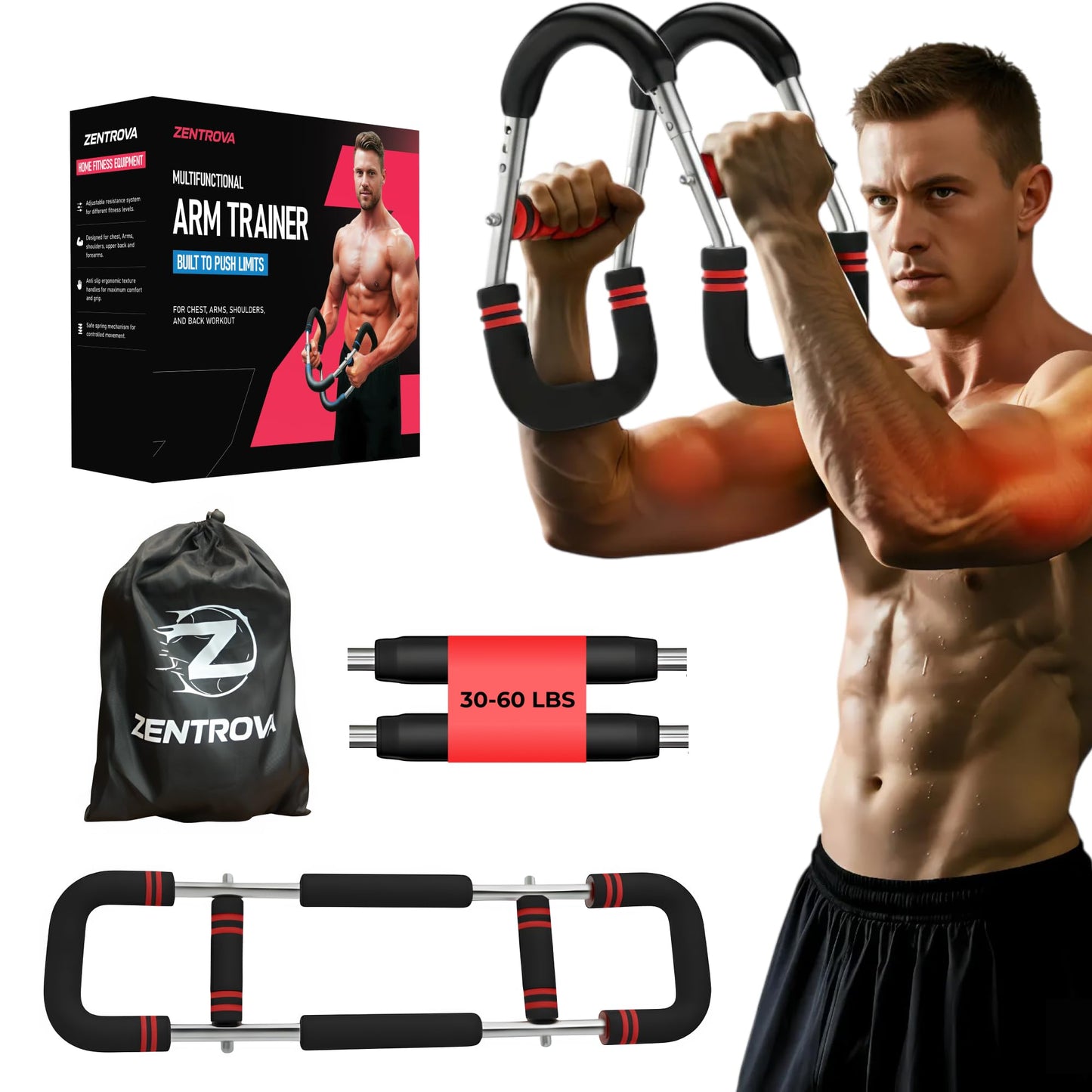 Zentrova Twister Arm Trainer, Adjustable Resistance 30–120 lbs, Chest & Arm Workout Equipment for Men & Women | Portable Spring Power Twister Bar | Upper Body Strength Trainer | Home Gym Fitness
