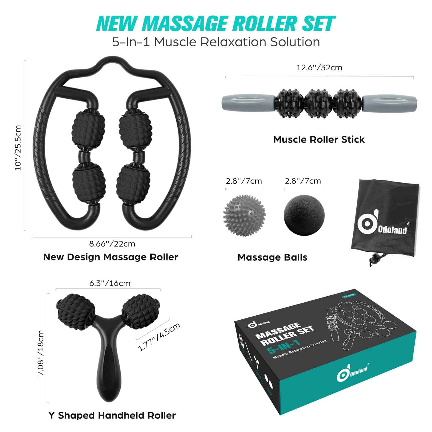Odoland Massage Set - 360 Trigger Point, Muscle Roller Stick, Y Shaped Handheld, 2 Massage Balls for Legs, Arms - Myofascial & Deep Tissue Pain Relief - Black