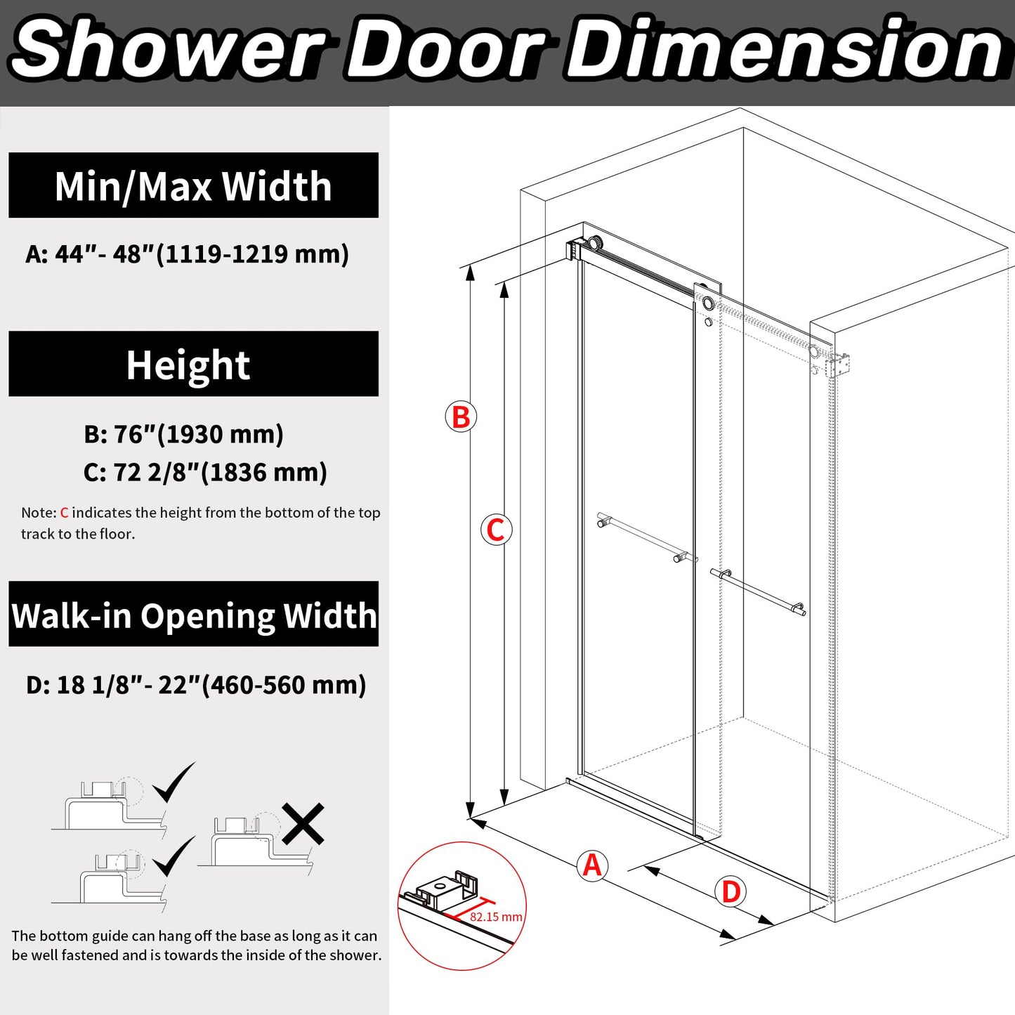 Sunrosa Frameless Double Sliding Shower Door 44-48" W x 76" H, 5/16" (8mm) Thick Easy-Clean Tempered Glass, Soft-Close Adjustable Shower Door with Towel Bar, Brushed Gold Finish