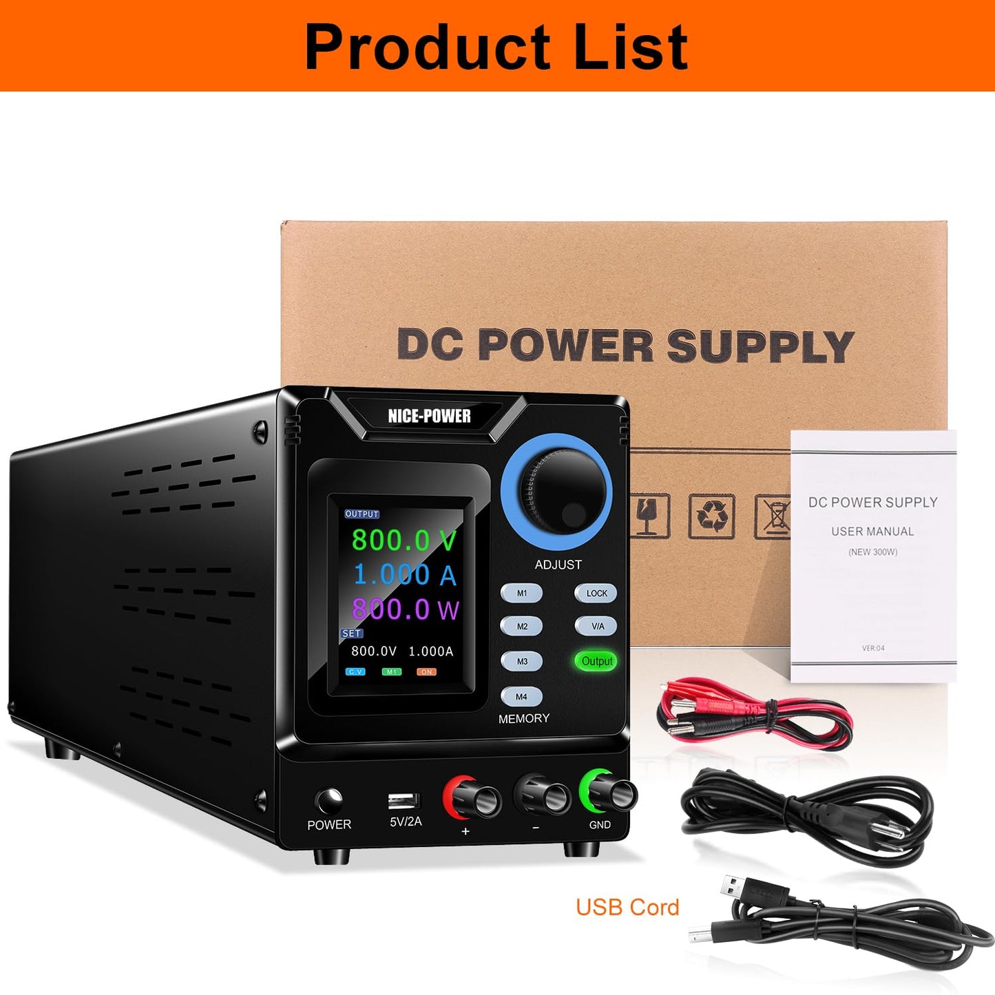 NICE-POWER DC Power Supply Variable, 0-800V 0-1A High Voltage Programmable Adjustable Regulated Bench Power Supply with Memory Storage, Encoder Knob, Output Switch, Lock Button, PC Software