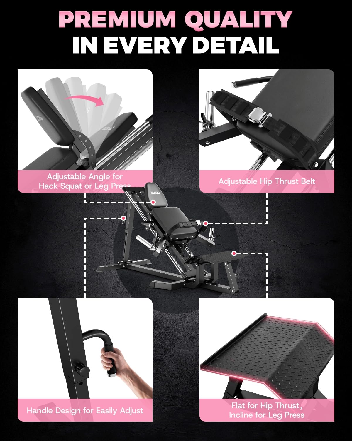 GOIMU LH01 Leg Press and Hip Thrust Machine Combo, 2 in 1 Leg Press Hack Squat Machine & Glute Bridge Machine for Home Gym, Leg Machine with Adjustable Degree, Lower Body Workout Equipment