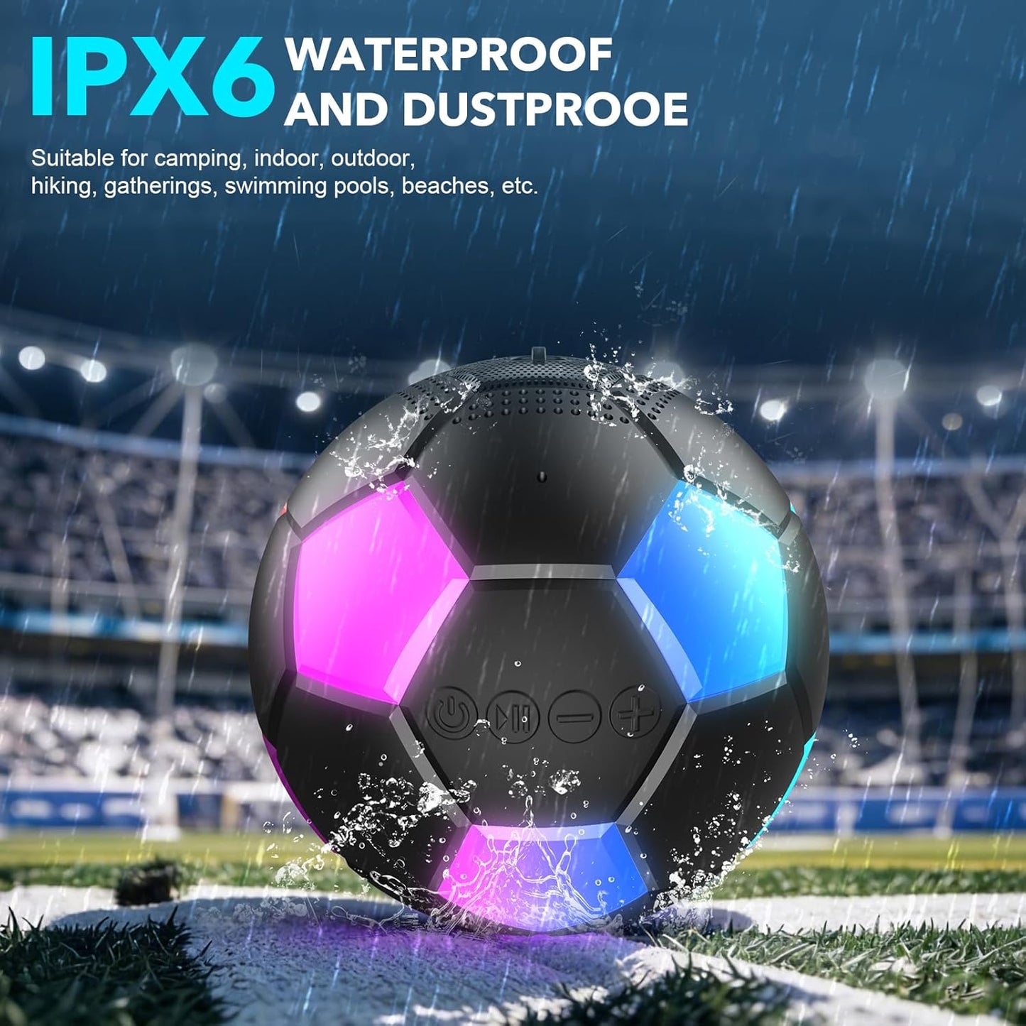RZLCCL IPX6 5W Soccer Ball Shaped Speaker, Portable Wireless Speaker with LED Light, Waterproof, Stereo, TWS Pairing