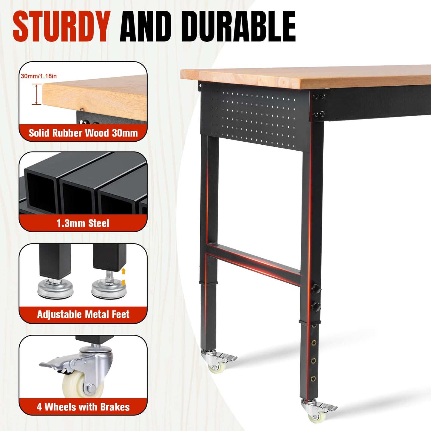 MUWOOD 48" L×24”W Adjustable Workbench with Wheels, 28”-40”Height Heavy Duty Table 2000 LBS Load Capacity, Work Bench with Power Outlet & Pegboard, Rubber Wood Work Table for Garage, Office, Workshop