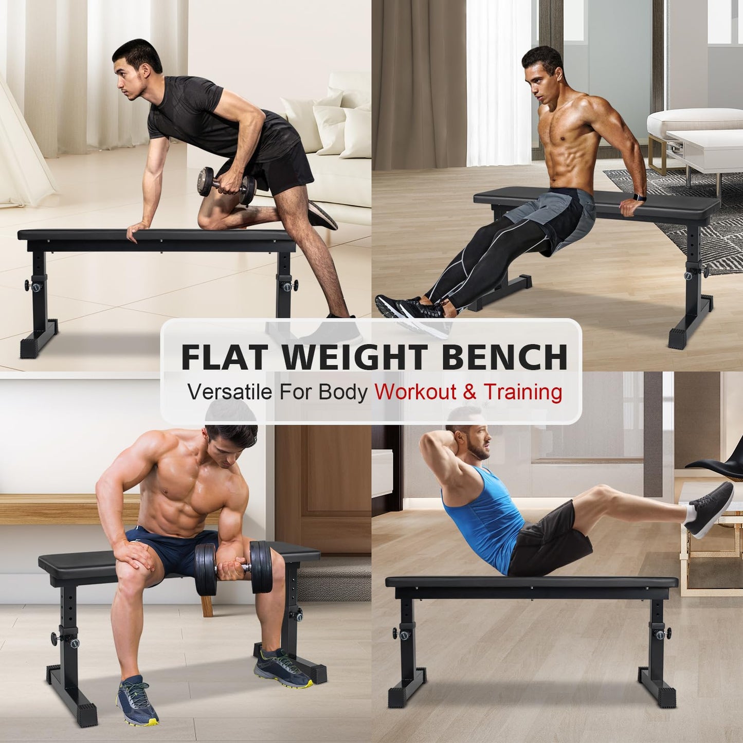 MIUDGIG Flat Weight Bench, Adjustable Height Strength Training Bench, Heavy Duty Workout Bench for Home Gym, Multifunctional Exercise Bench Press for Full Body Exercises & Fitness, Home/Gym Easy Assembly