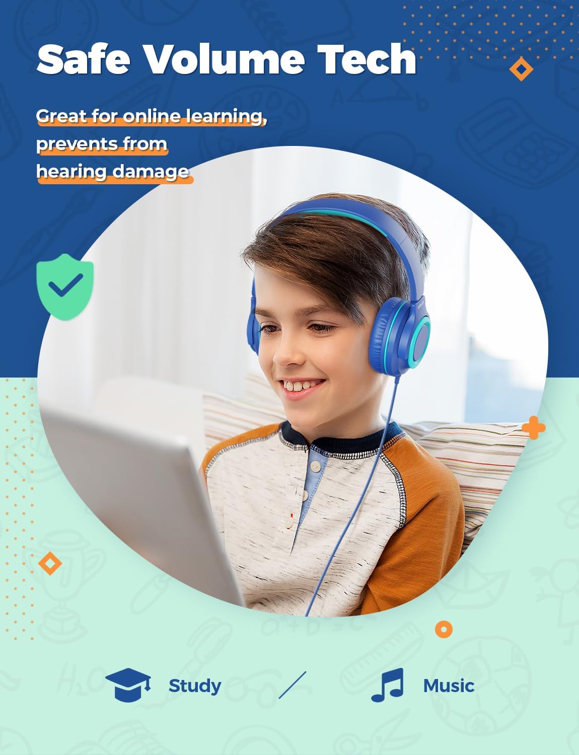 2Pack 85dBA HS22 3.5mm iClever Kids Headphones with Sharing Splitter - Safe Volume Limited - Wired Headphones for Kids
