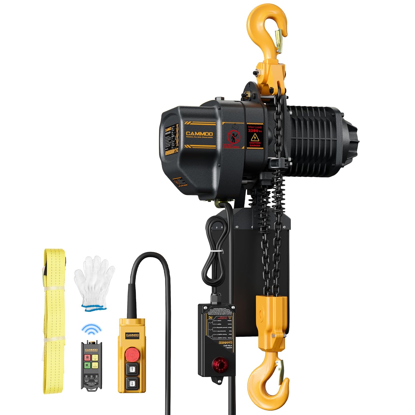 CAMMOO Electric Chain Hoist, 2200 lbs Load, 20 ft Lifting Height, Extended 492 ft Wireless & 20 ft Wired Remote Control, Brushless Copper Motor, DT Carburized Chain, IP65 for Warehouse, Construction