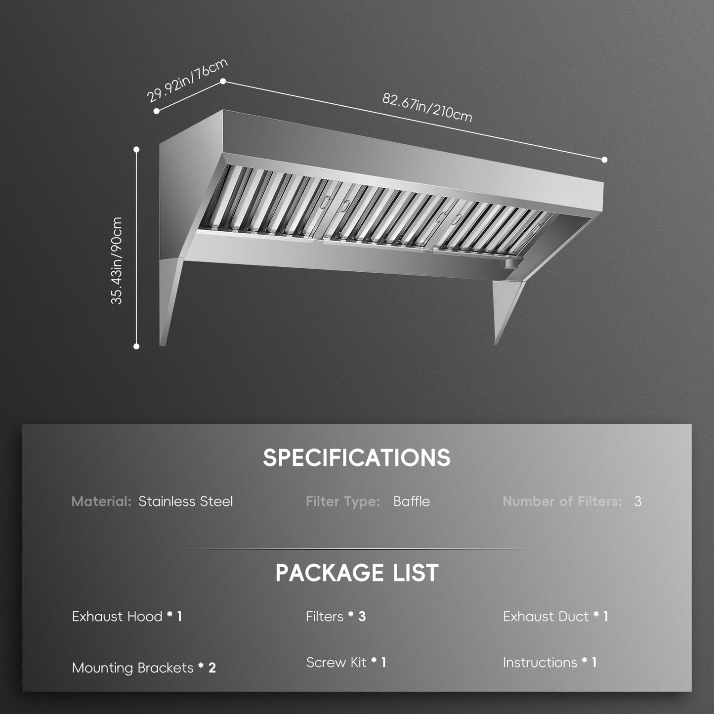 7FT Stainless Steel Commercial Exhaust Hood with 3 Removable u-Shaped Oil Filter Mesh, Rust-Resistant Ventilation Hood for Food Truck, Concession Trailer, and Restaurant Kitchen