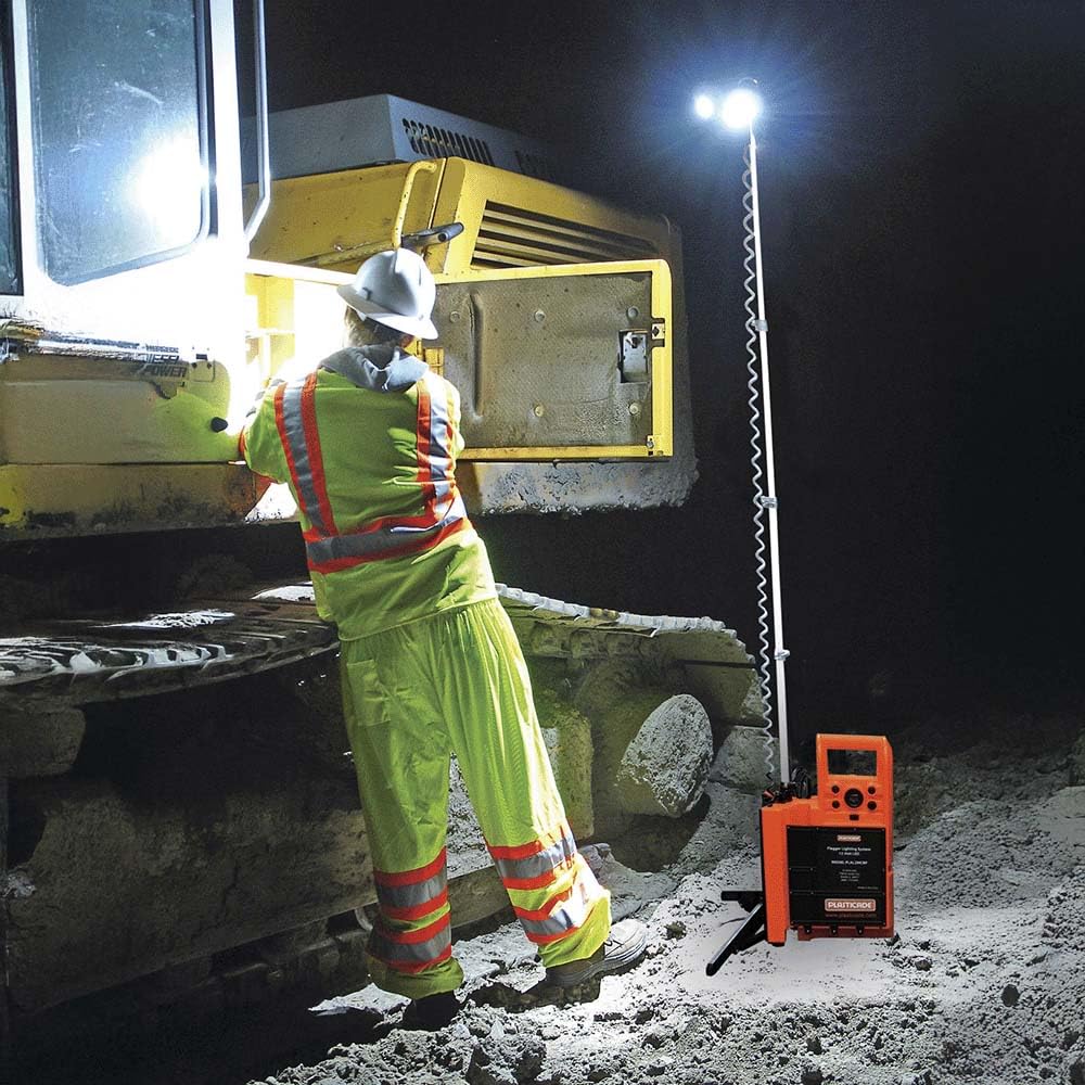 Plasticade Flagger Lighting Station & Work Area Light, 4,000 Lumens, Portable, Waterproof Case, Adjustable Heads, 8-Foot Light Elevation, Temporary Construction in Any Weather