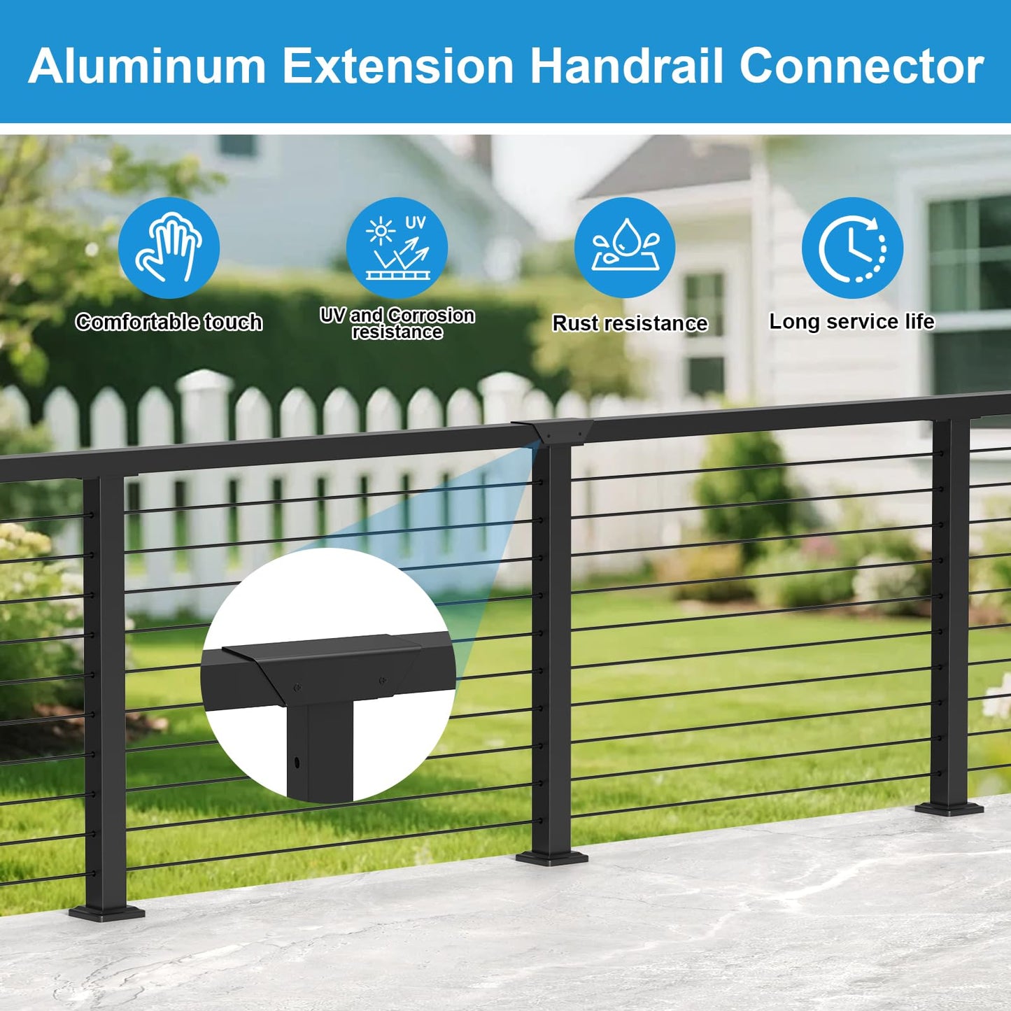 RailinGo Aluminum Extension Connector for Rectangular Handrail, Black Powder Coated Straight Sleeve for Cable Railing Handrail System, Flat Handrail Accessories, Black Wire Railing Kits, RG50