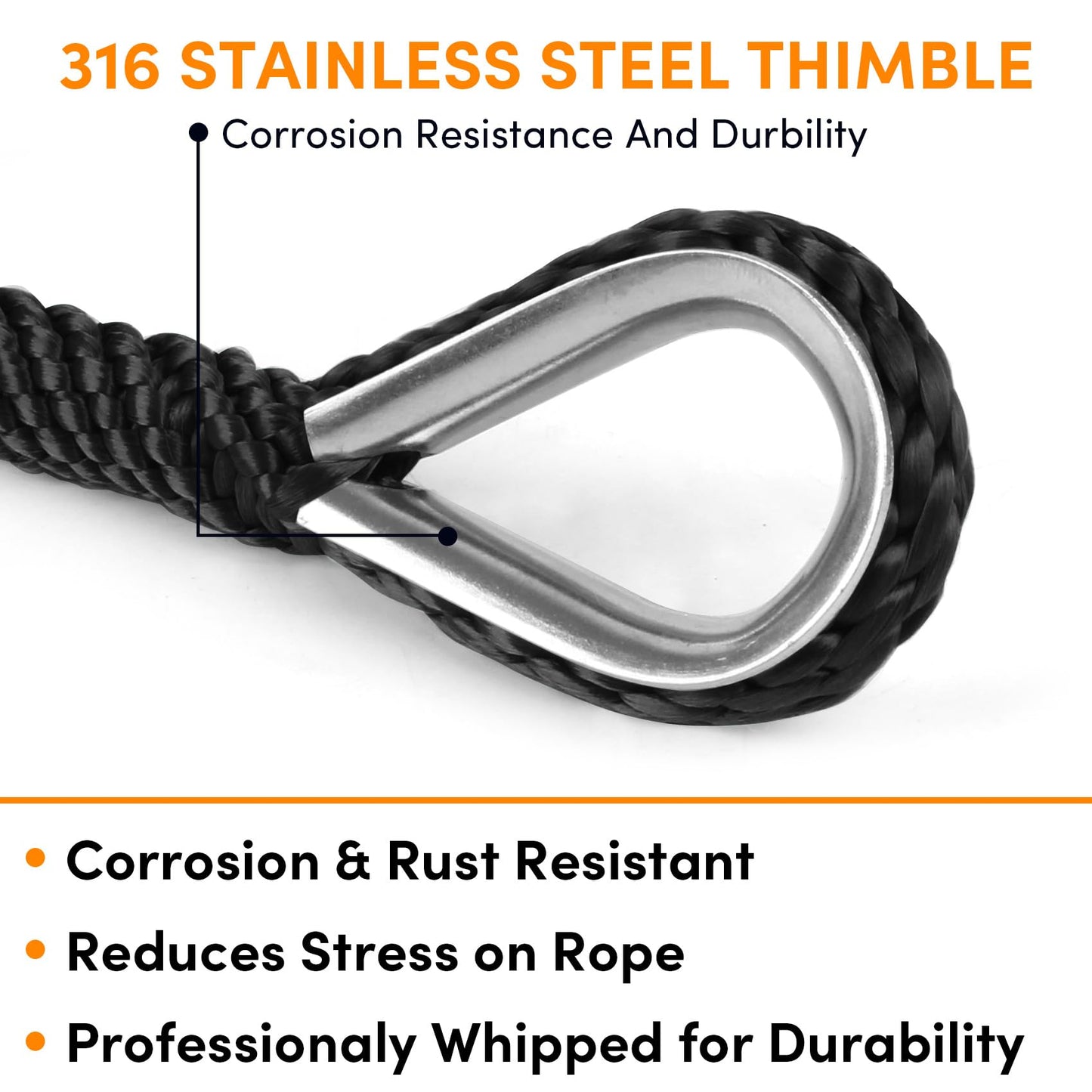Anchor Rope 50 Ft X 3/8 Inch, Premium Solid Braid MFP Anchor Line, Boat Anchor Rope with Stainless Steel Thimble and Shackle (Black)
