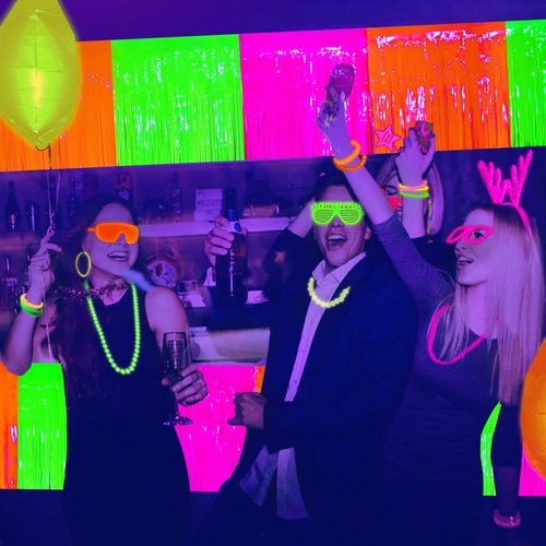 Mega-L Glow in The Dark Party Supplies, 4 Pack Foil Fringe Garland Birthday Party Decorations 9.8 ft Fluorescent Macaron Orange, Yellow and Fuchsia Metallic Tinsel Banner, Photo Booth Prop Table Skirt