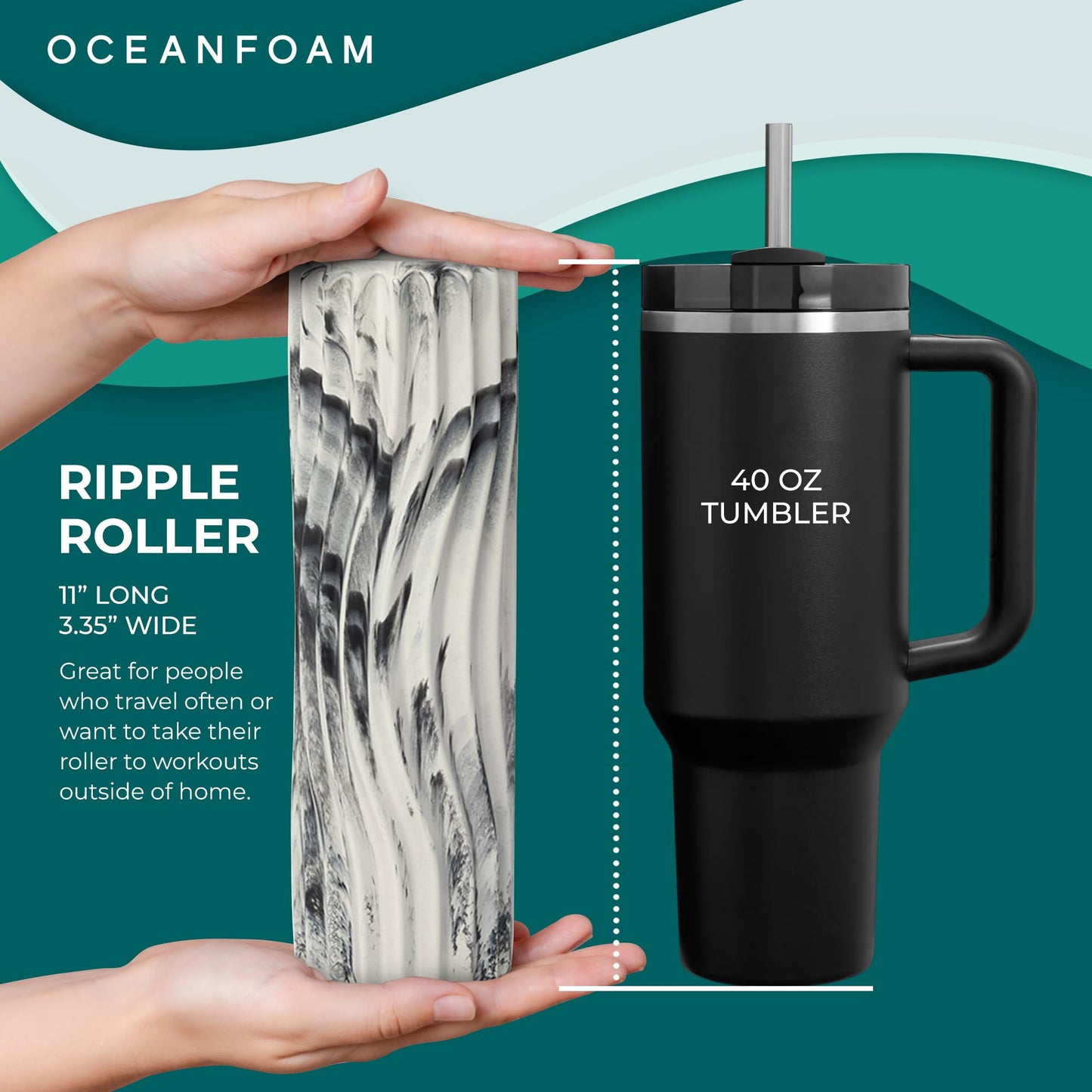 Oceanfoam Ripple Travel Foam Roller (11" x 3.35") Firm Mini Foam Roller for Physical Therapy, Deep Tissue Massage, Back Pain - High Density, Ergonomic Wave Textured - Yoga, Exercise (Black Marbled)