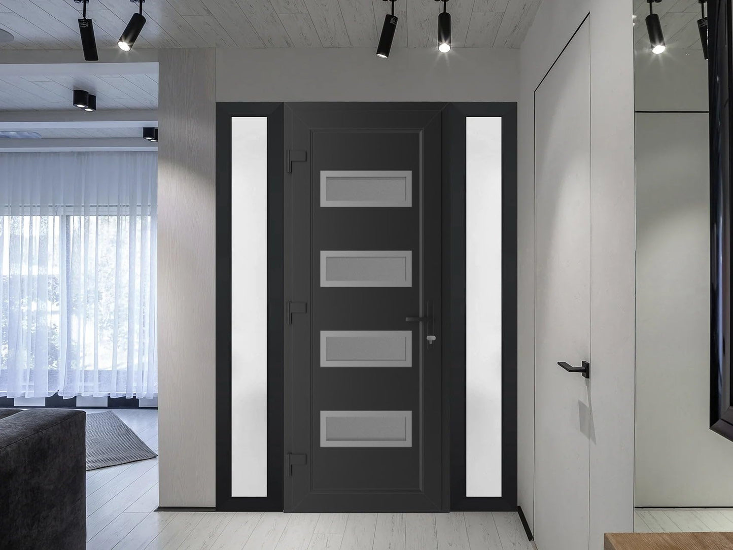 VDOMDOORS Front Exterior Prehung Metal-Plastic Door Frosted Glass | Manux 8113 Matte Black | 2 Side Sidelite Transoms | Residential Doors Entrance Patio Garage 64 x 80 (W14+36+14 x H80) Right-Inswing