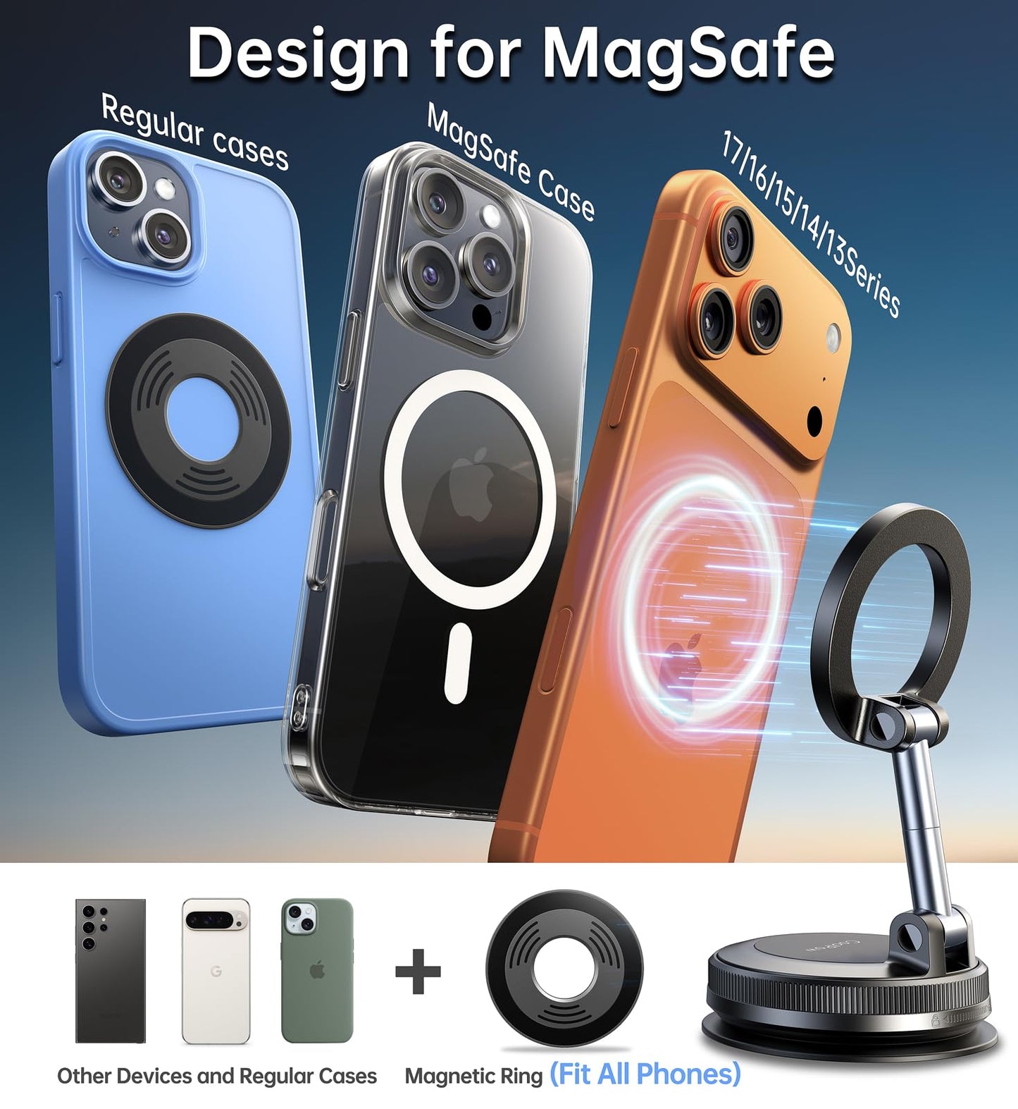 Coolpow【Newest Vacuum Magnetic Phone Holder for Car Phone Holder Mount【Movable Vacuum Suction】Magsafe Car Mount Cell Phone Holders for Your Car Accessories for Women Men for iPhone 17 16(Carbon Fiber)