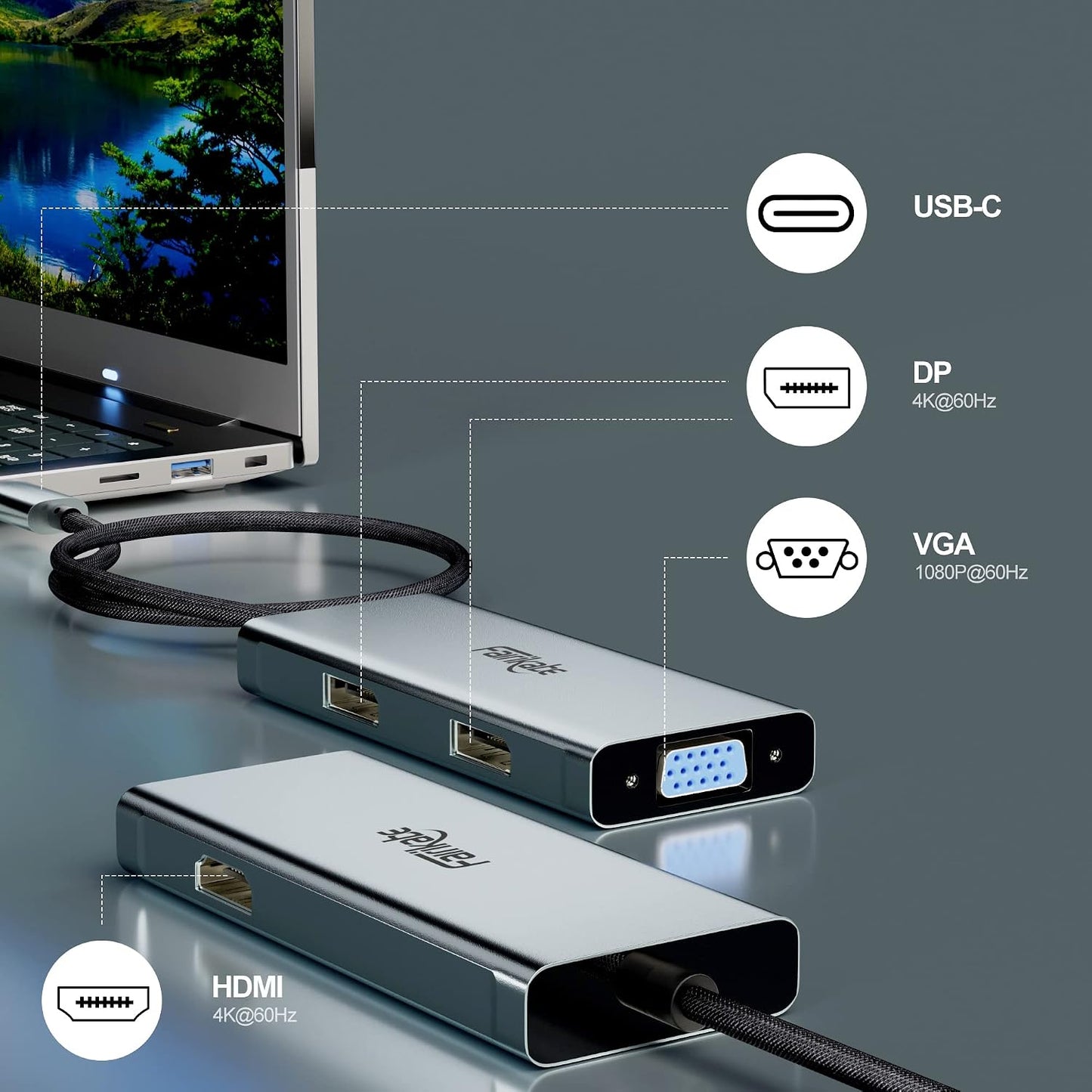 fairikabe 4in1 4K USB C Docking Station Dual Monitor Display Port Splitter, USB-C to Dual DisplayPort Hub HDMI VGA