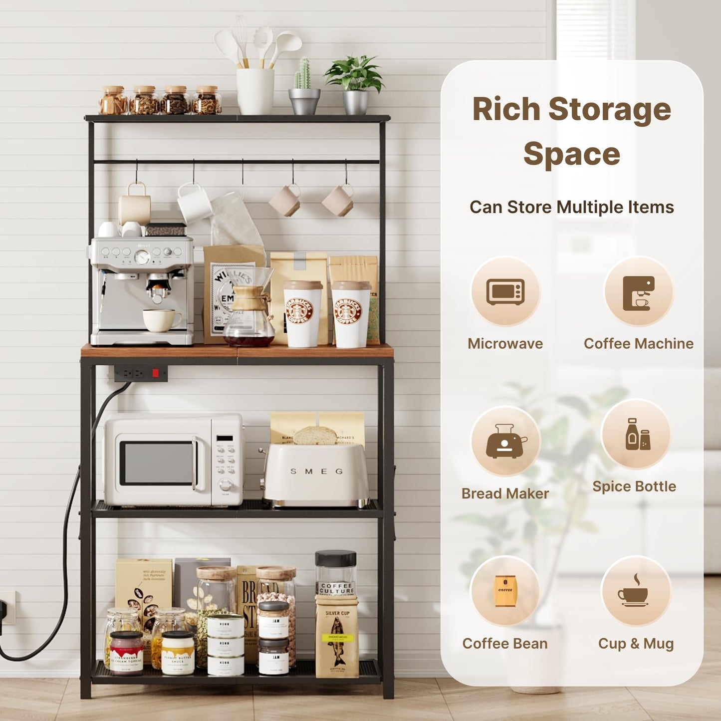 Txecpro kitchen Bakers Rack with Power Outlet, Coffee Bar Table 4 Tiers, Microwave Stand with 6 S-shaped Hooks, Kitchen Storage Shelf Rack for Spices, Pots and Pans，25.6" L x 12" W x 53.5" H