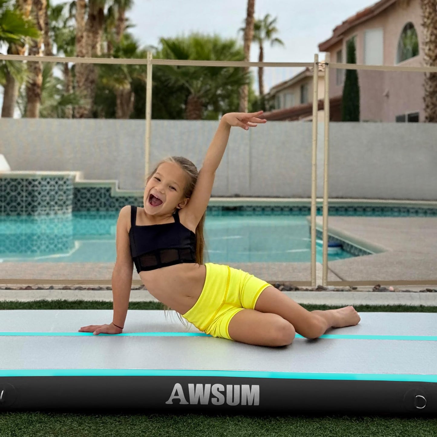 AWSUM 10ft Gymnastics Mat with Air Roller Tumbling Barrel Back Somersault Backbend Trainer for Inflatable Gymnastics Springboard Back Handspring Equipment, with Electric Pump