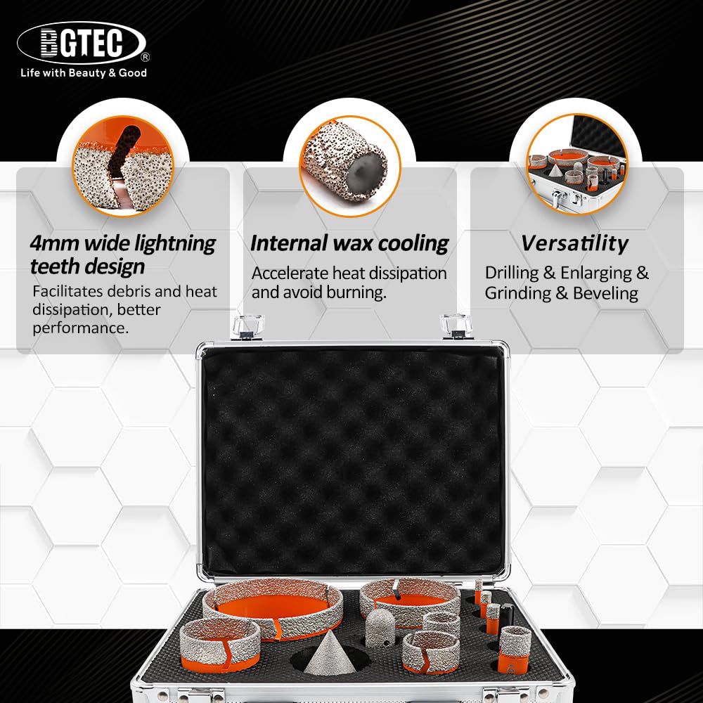BGTEC Tile Hole Saw Kit Diamond - 12PCS 5/8-11 Thread Drill Bit 6/8/10/19/25/35/50/75/102mm+50mm Chamfer Bit+20mm Finger Bit+SDS Adapter for Pocelian Tile Ceramic Marble Granite Stoneware