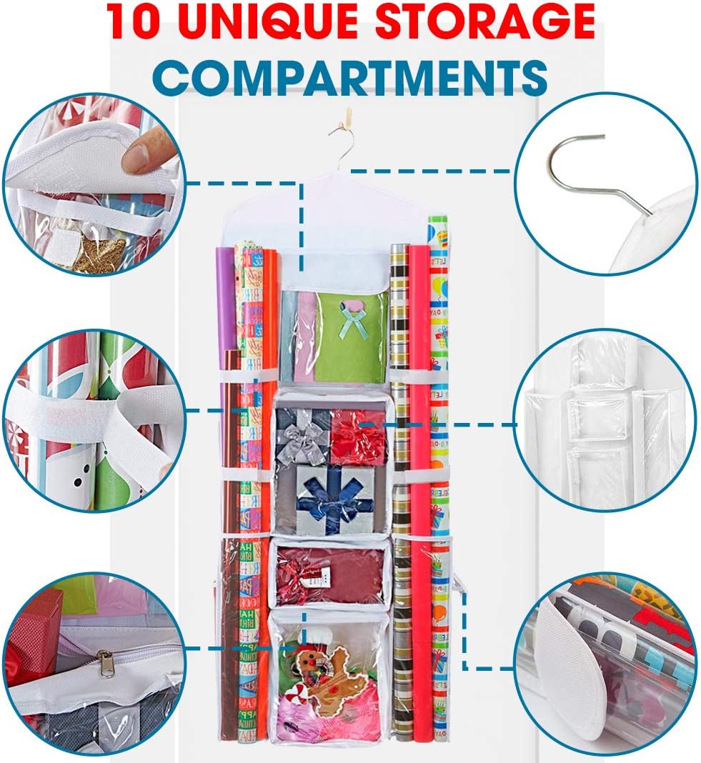 ProPik Wrapping Paper Storage Organizer - Double-Sided Design with Multiple Pockets | Fits 40-Inch Rolls (White)