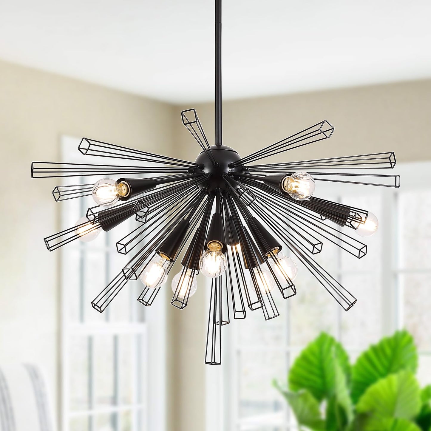 9MMML Black 10-Light Sputnik Chandelier, Farmhouse Pendant Light Fixture with 48'' Height Adjustable Hanging Pole, 34'' Large Chandelier for Living Room, Dining Room, Kitchen, Bedroom, E26 Base