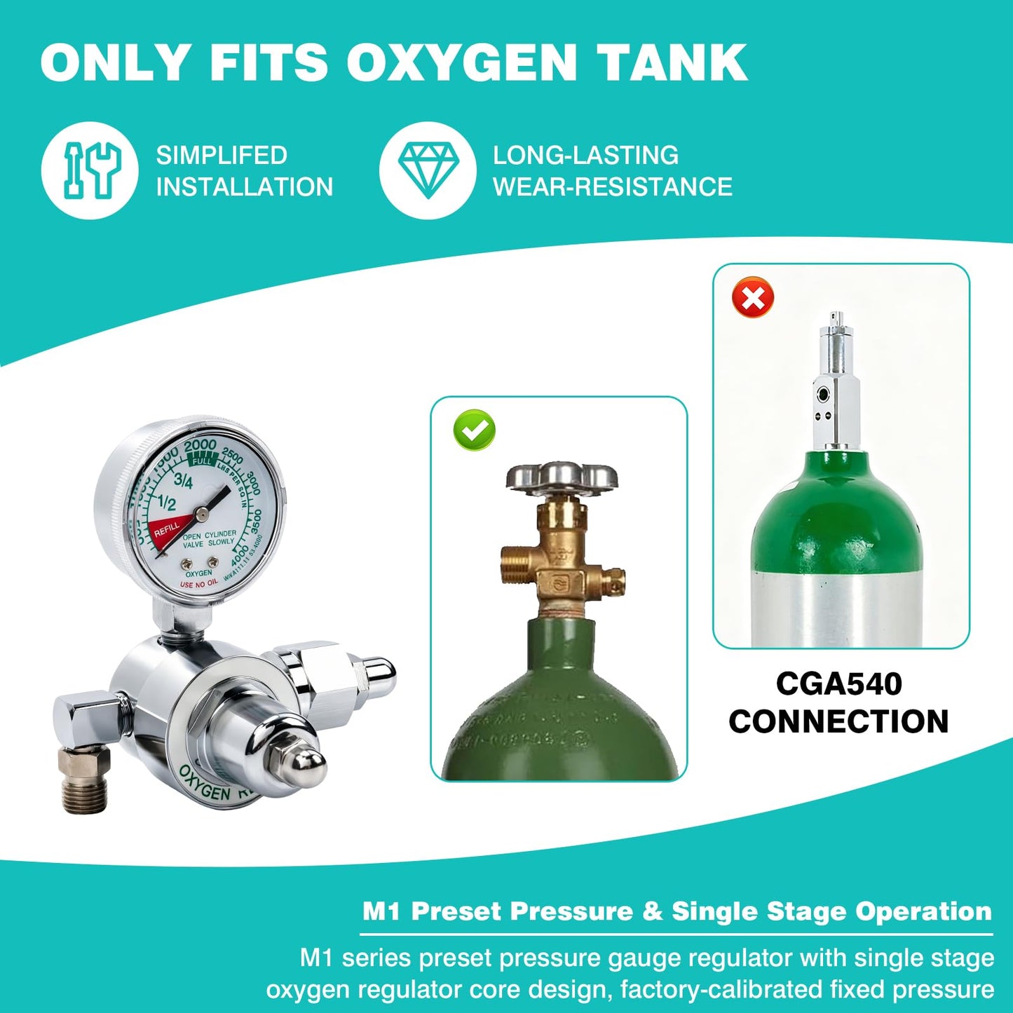 M1-540-P Oxygen Regulator, M1 Series Preset Pressure O2 Regulator for Oxygen Concentrator & Tank, CGA540 Nut/Nipple Inlet, 3000 PSI, Chrome Brass Body