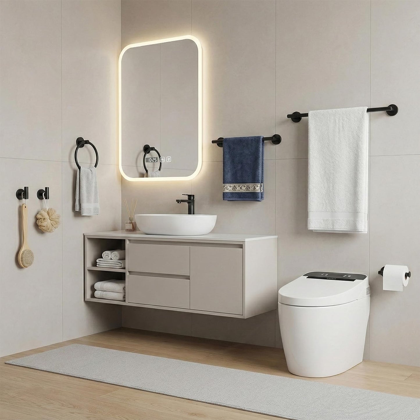 RoDzj Matte Black Bathroom Hardware Set 6-Piece, SUS304 Stainless Steel Bath Accessories Kit, Includes 24" & 16" Towel Bars, Toilet Paper Holder, Towel Ring, 2 Robe Hooks, Wall Mounted Round Style
