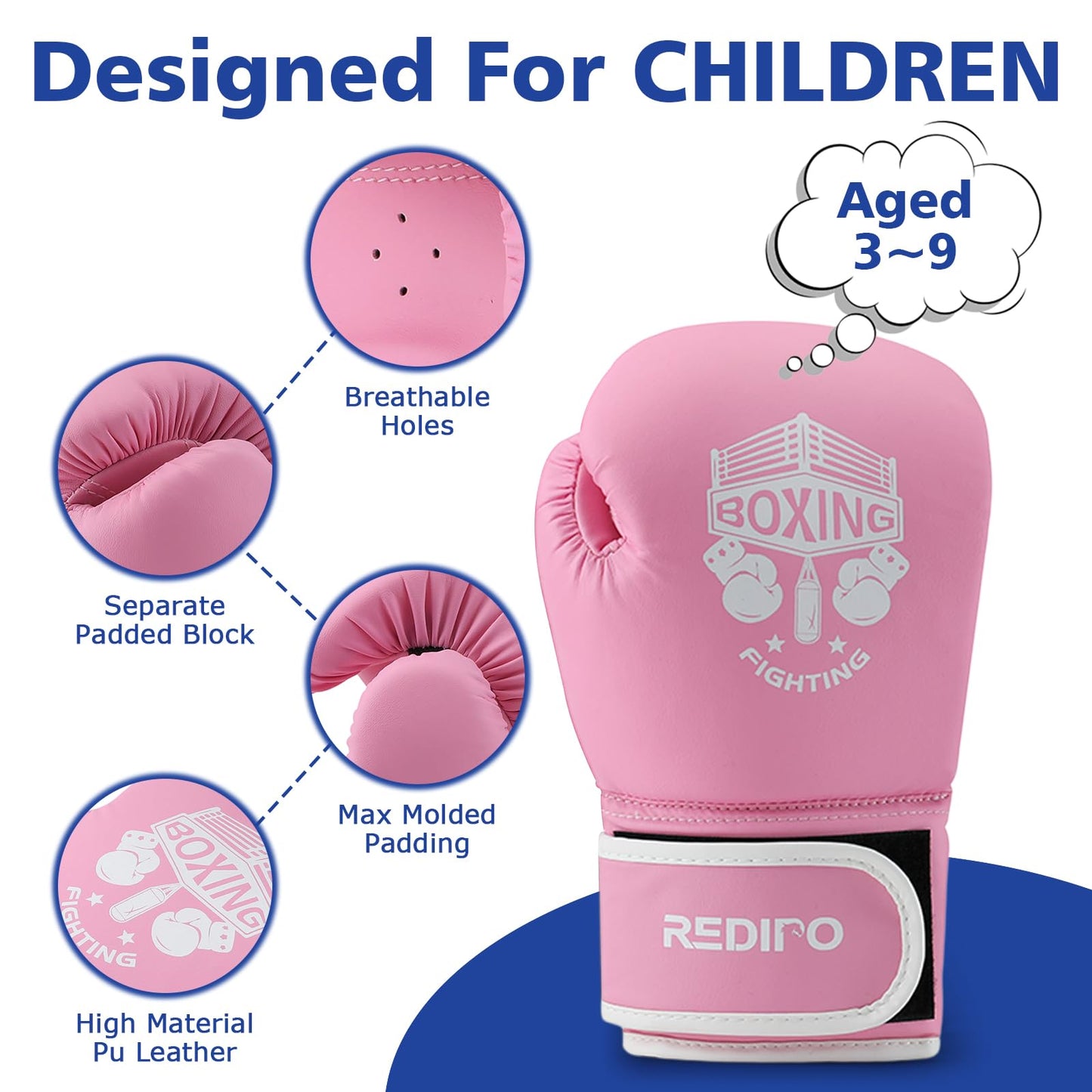 Redipo Kids Boxing Gloves, Sponge Foam Training Sparring Gloves Thai Kick Boxing for Kid and Youth, Suitable for Boys and Girls Age 3 to 12 Years (Pink, 4oz)