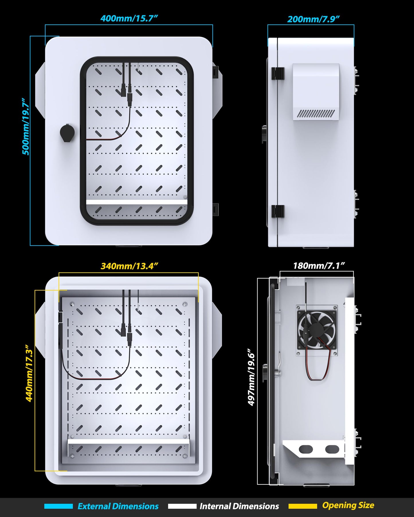 Akwscyby Outdoor Electrical Box with Thermostat and Fan and Clear Window, Precise Temperature Control 0.1°F, IP65 Water Resistant Rating, Galvanized Steel, Aluminum Rear Beam(19.7" x 17.7" x 8.0")