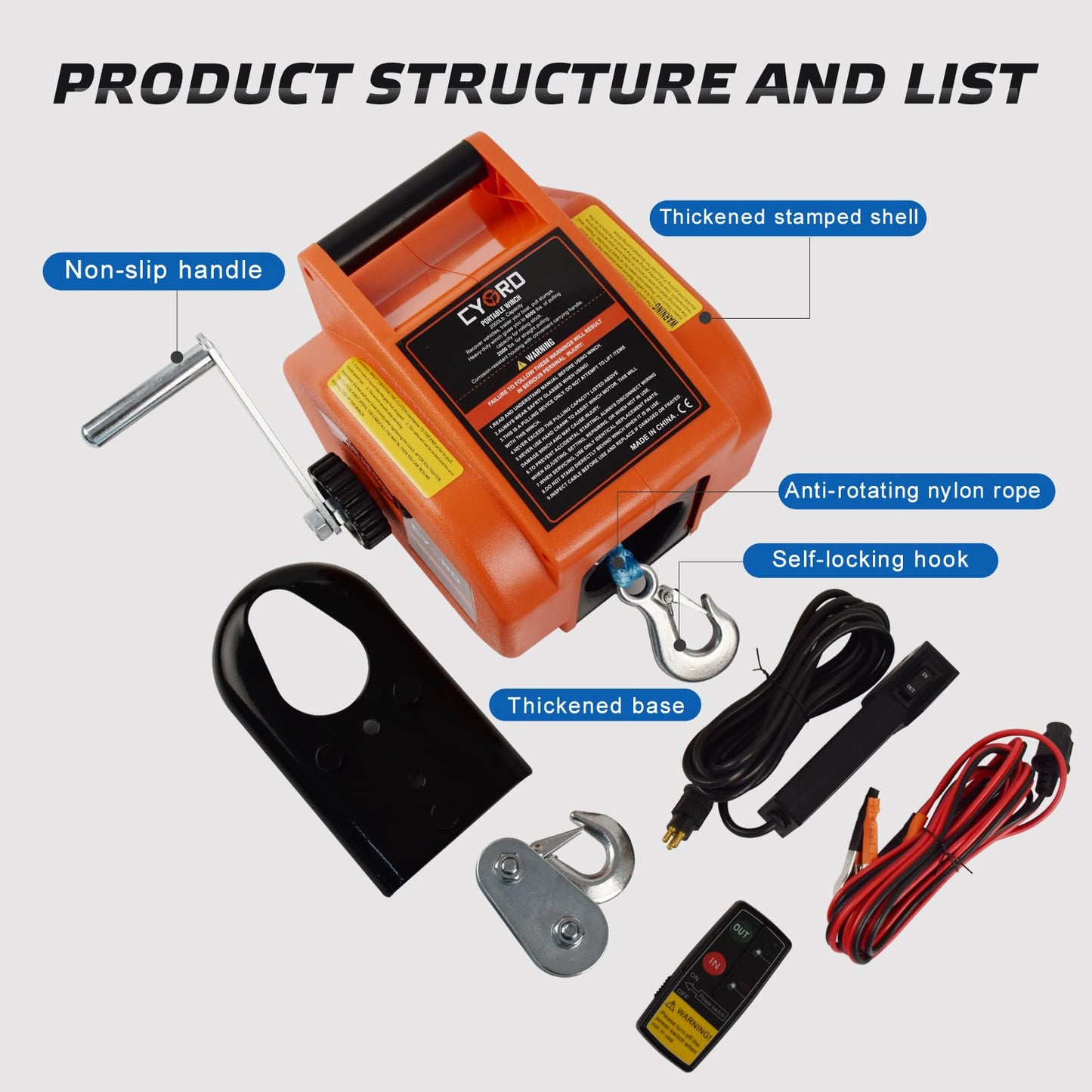 Portable Trailer Winch 3500lbs, Reversible Electric Winch 12V DC, Power-in, Power-Out and for Boats Up To11000 lbs with Nylon Rope, Wireless Remote Control and Hand Crank