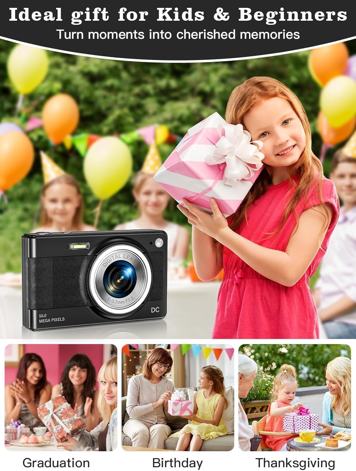Fleafer 56MP 1080P 16x 32GB Upgrade Digital Camera, FHD for Kids with Zoom Anti Shake, TF Card, Two Batteries, Lanyard
