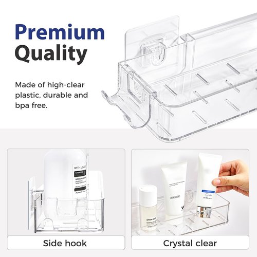 CQUNM 2 Pack Acrylic Shower Shelves, Clear Bathroom Tray with Hooks, Adhesive Wall Mount Shower Caddy Organizer for Bathroom Kitchen Storage