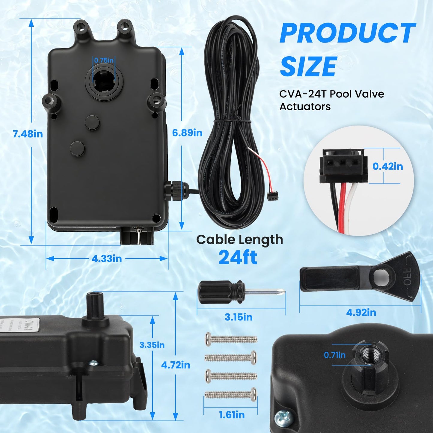 Lanluan 24V Motorized Pool Valve Actuator, 24-Foot Cable, Upgraded PPS Heat Resistant, 3-Wire 180° Rotation 3-Port, Replacement for 263045 CVA-24T in 24VAC Automated Pool Systems