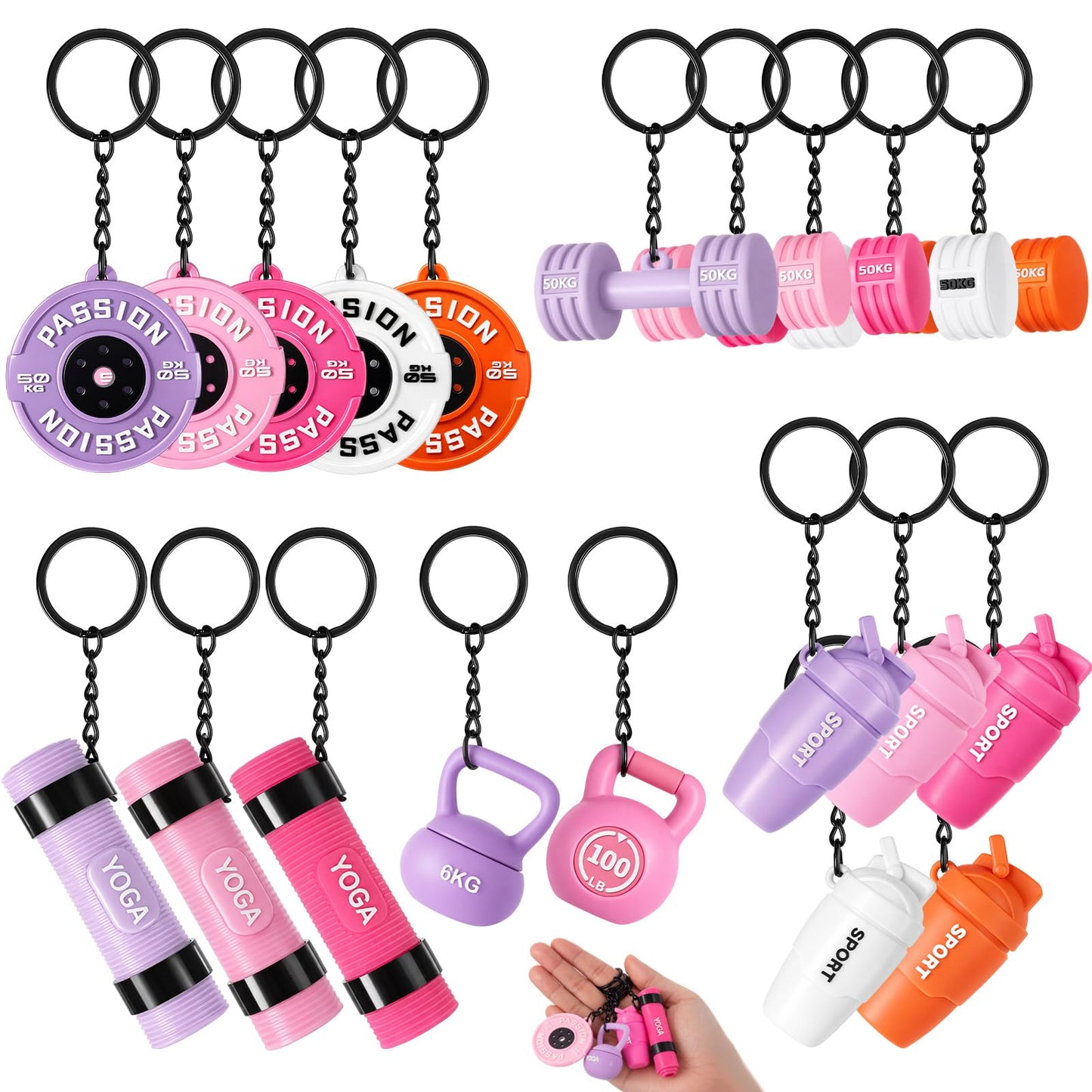 Tondiamo 20 Pcs Gym Keychain Bulk Weight Fitness Gifts Barbell Dumbbell Kettlebell Bottle Keychain for Women Men Gym Lover(Pink & Purple,Dreamy Macaron)