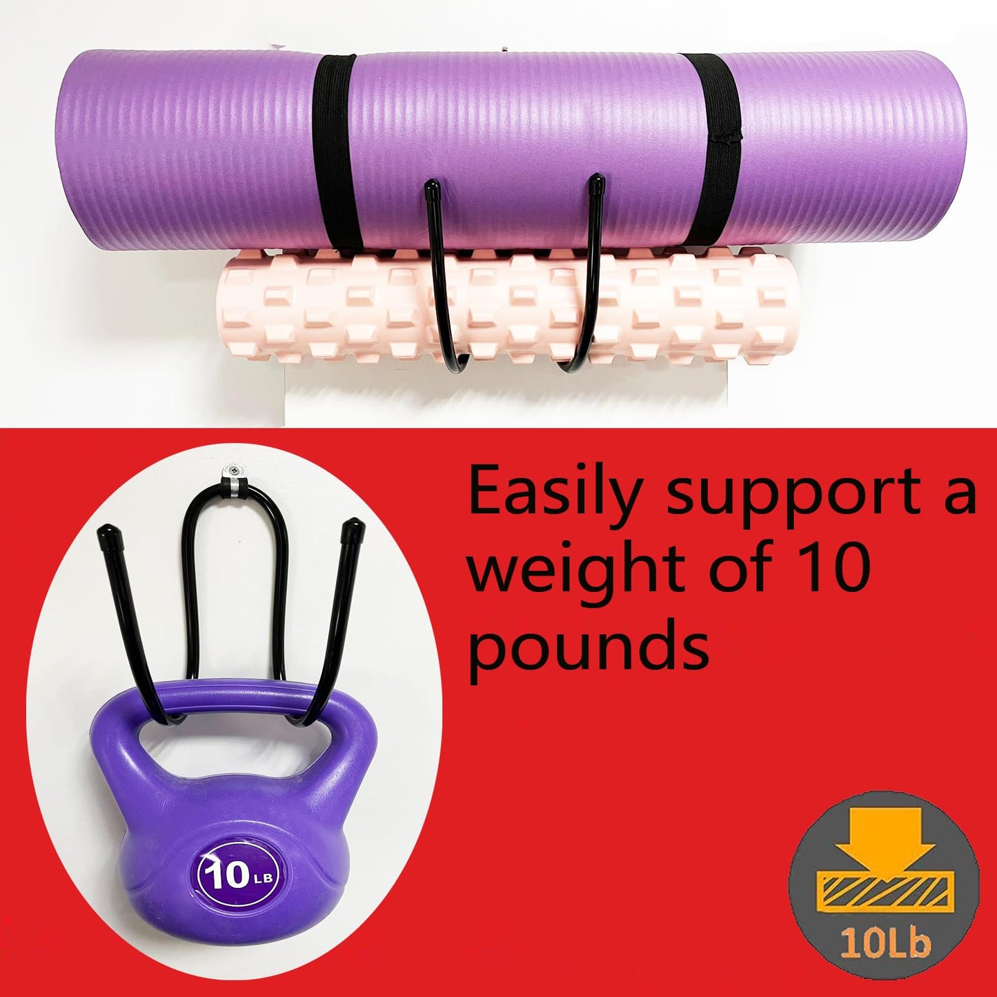 Upgraded large Yoga Mat Holder Wall Mount, Metal Storage Rack for Yoga Mat/Wheels, Foam Roller etcs, Wall Rack Organizer Hooks for Hanging Stretching Strap & Resistance Bands, Yoga Room/Home Gym Decor