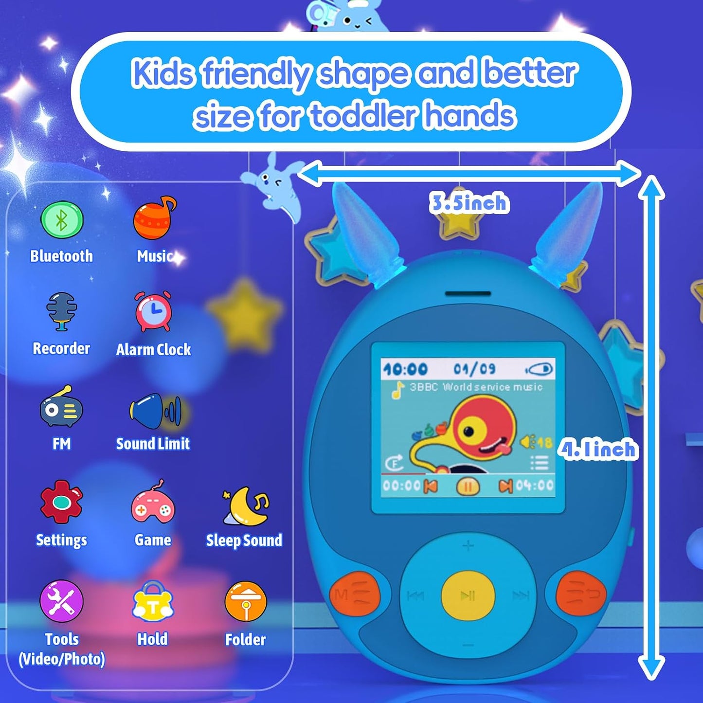 wiwoo 64GB MP3 MP3 Lights,100hrs 12 Player for Kids, Kids Player with Bluetooth, Speaker, Games, Recorder, Ear Loseless