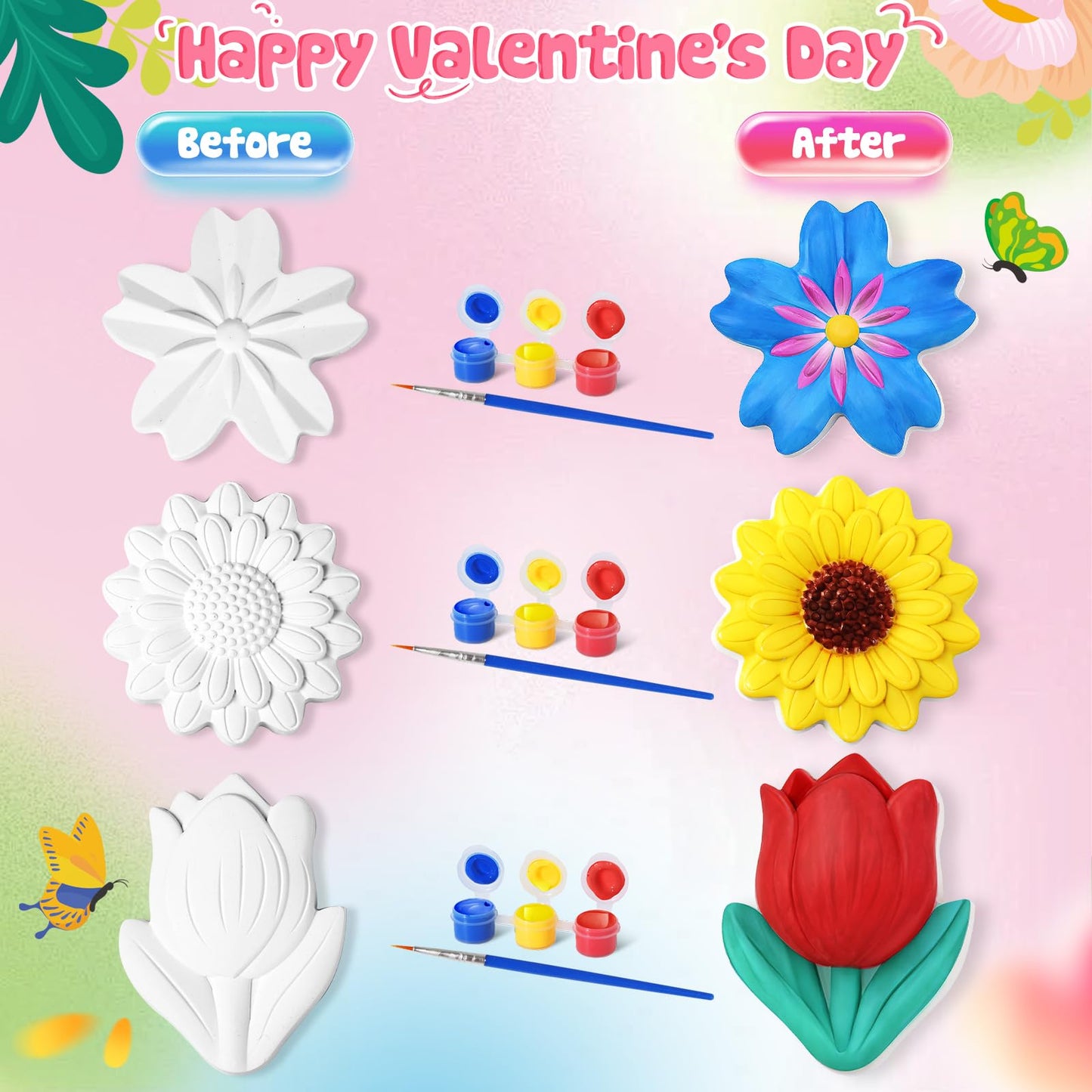 SpringFlower Valentine's Day Cards with Plaster Painting Kit for School Classroom Valentine's Gift Exchange, Valentine's Party Favor for Kids & Art and Craft Activity,24 Pack