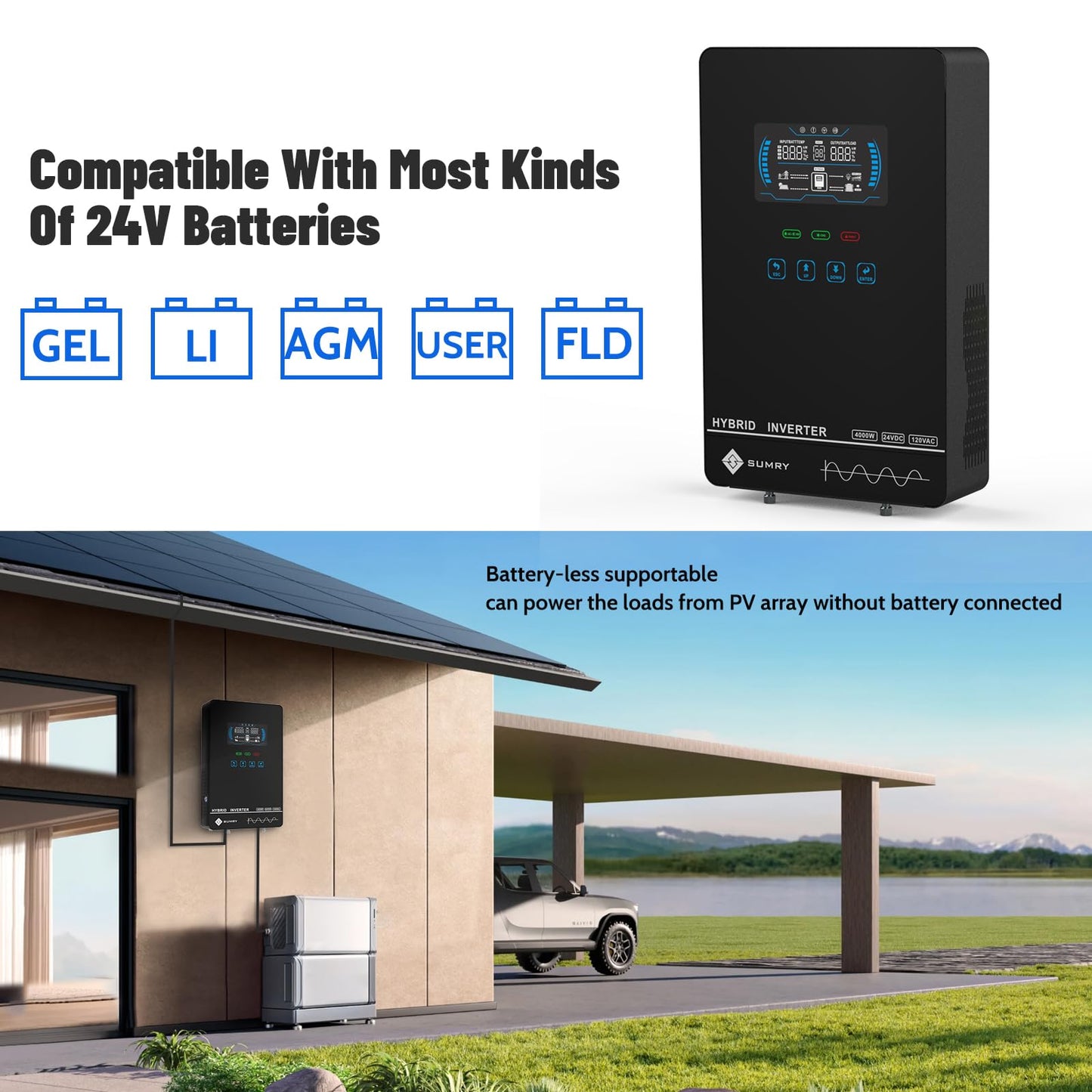 SUMRY Hybrid Solar Inverter, 4000W DC 24V to AC 120V Pure Sine Wave Power Converter, Glass Top Cover with LCD Display, 140A MPPT Charge Controller, Supports Battery-Less or AGM Lithium Battery