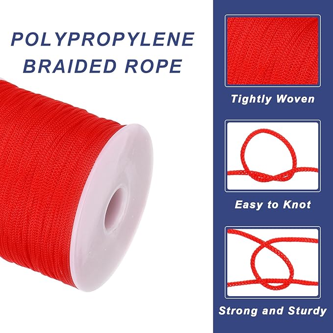 MECCANIXITY 1/16 Inch Polypropylene Rope Braided Ropes, 328ft Nylon Rope Hollow Utility Cord for Clothesline, Camping, Hiking, Outdoor, Red