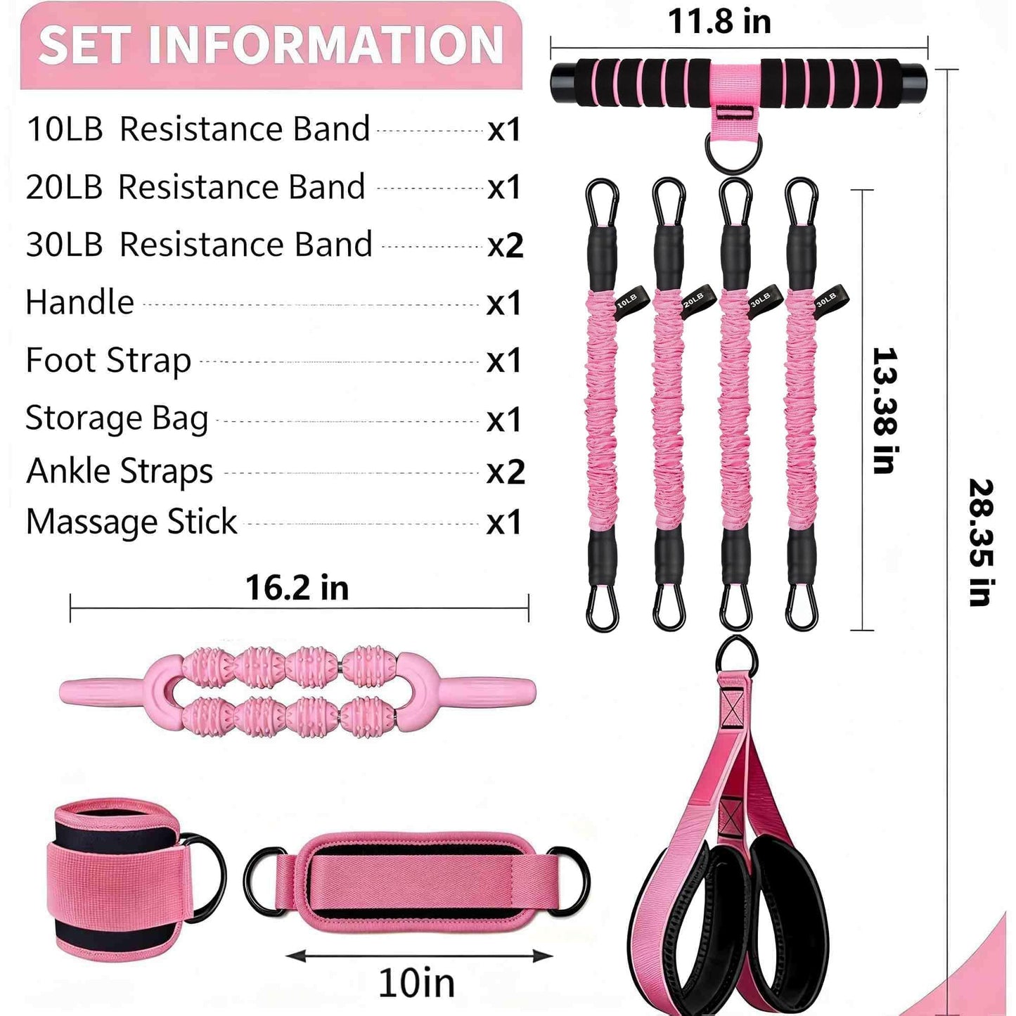 Pedal Resistance Band with Handle, 4 Fabric Covered Tubes 10-90 lbs Exercise Bands with Ankle Straps, Includes Massage Roller & Carry Bag, Full Body Home Gym Workout Equipment for Women and Men