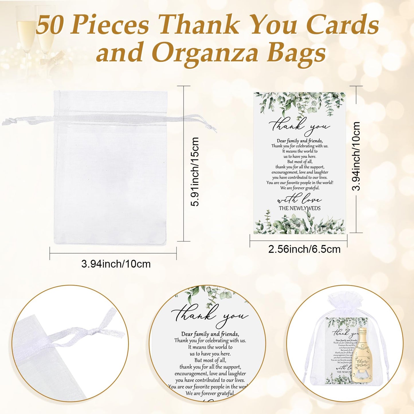 Suclain 50 Sets Wedding Favors for Guests Bulk Wedding Souvenirs Include Cheers to Love Bottle Openers Thank You Cards and Organza Bags Bridal Shower Gifts Decorations