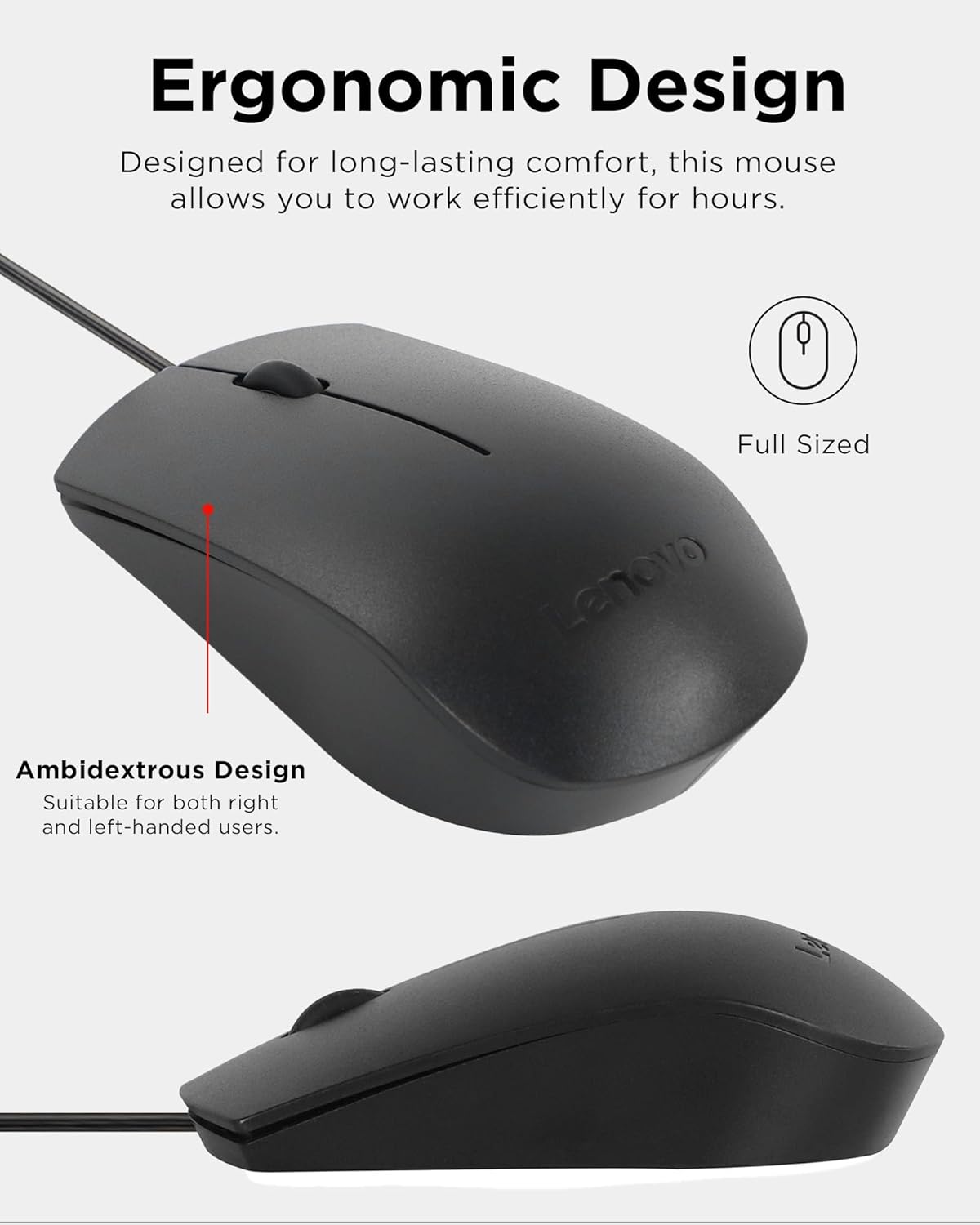 Lenovo USB-C Wired Mouse, Full Size, Ambidextrous Design, Black, Ergonomic Shape, Precision Sensor, Plug-and-Play