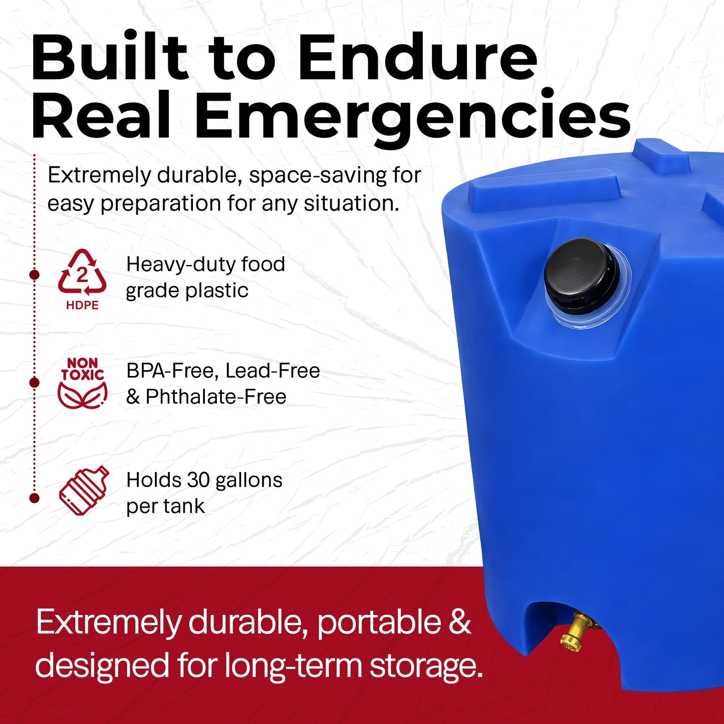 Legacy Food Storage Stackable Emergency Water Storage Container, Long Term 30 Gallon Water Tank with Water Treatment Drops, for Camping, Prepping, Survival, 21.25”H, 19.5”W, 24.5”D 2 Tanks