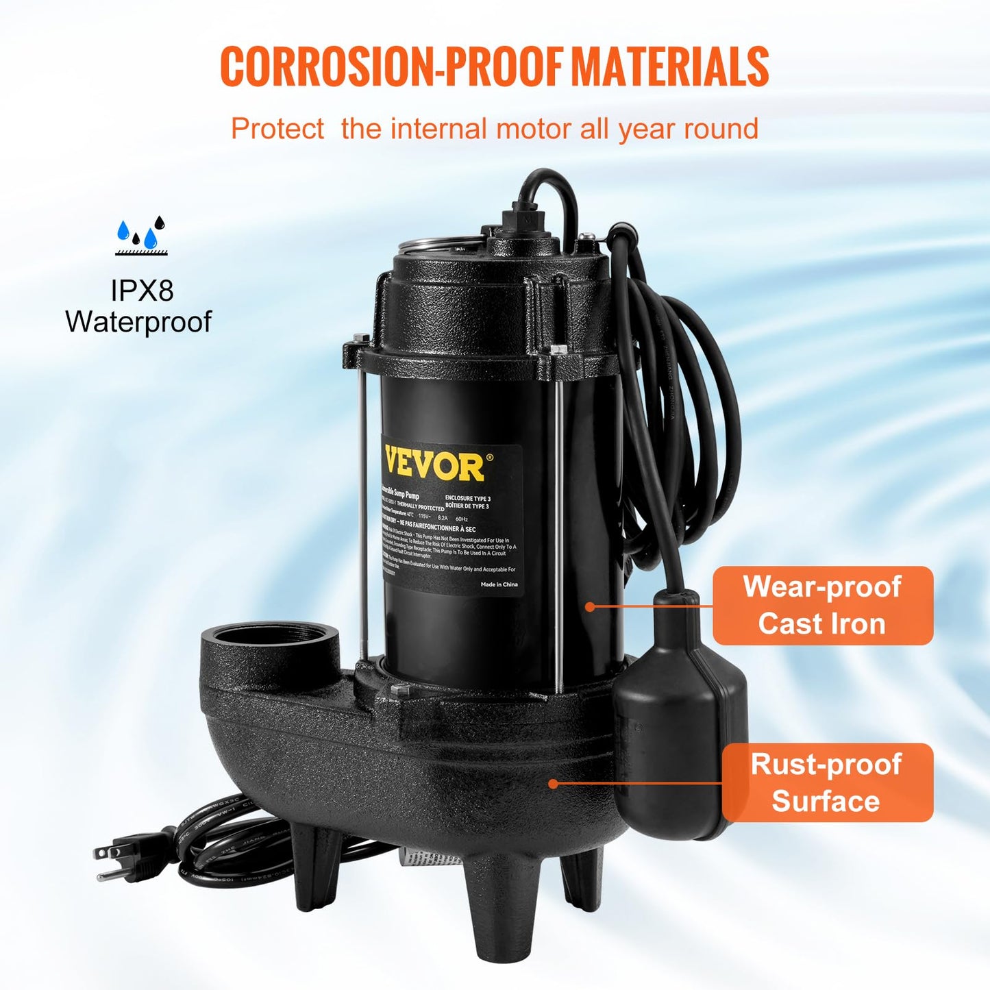 VEVOR 3/4 HP Submersible Sewage Pump, Cast Iron Submersible Sump Pump, Wear-proof Cast Iron Construction, with Tethered Float Switch, 10 FT Power Cord