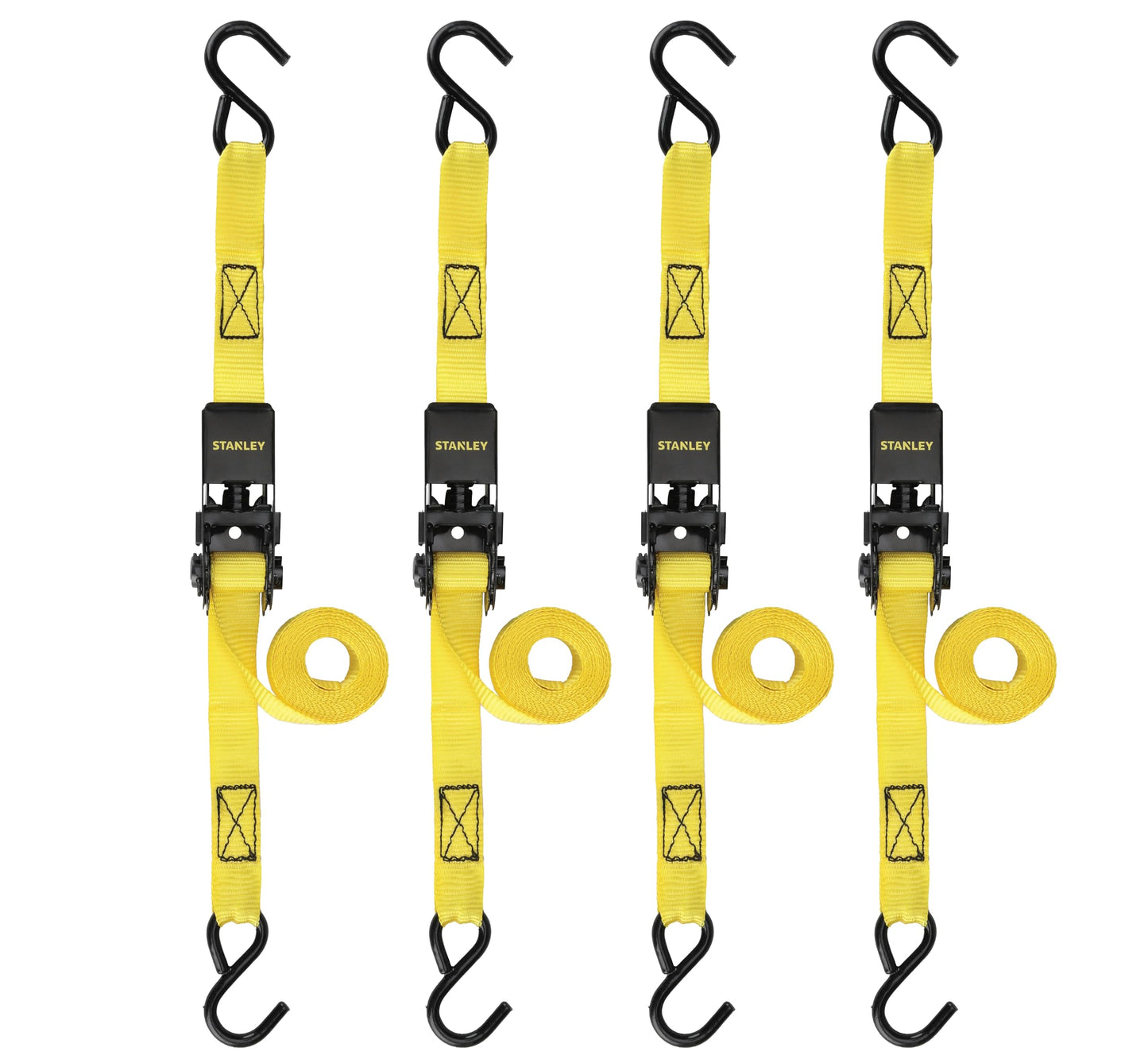 STANLEY S9500 Black/Yellow 1" x 10' Ratchet Straps - Light Cargo (300 lb Working Load / 900 lb Break Strength), 4 Pack