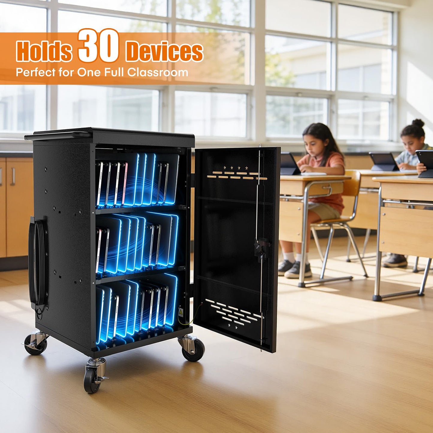 Metateel 30-Device Charging Cart for Chromebook, iPad & Laptops up to 14" – Laptop and Tablet Storage Cart with Cable Management, Circuit Breaker & Grounding Protection, Black (Assembly Required)