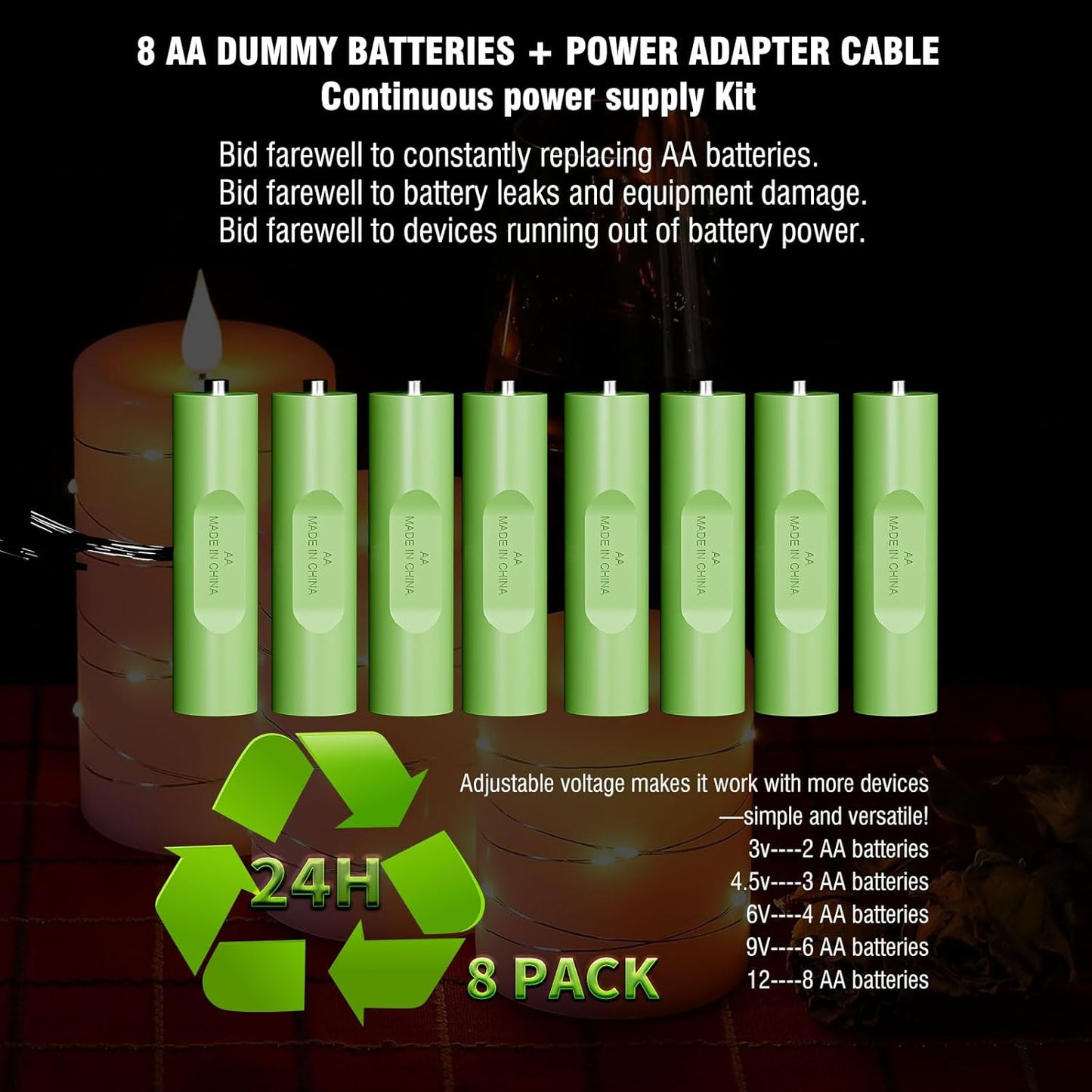 QUZOC Dummy 8 Adjustable AC Continuous Power Supply Adapter AA Battery kit (Replace up to AA Battery)