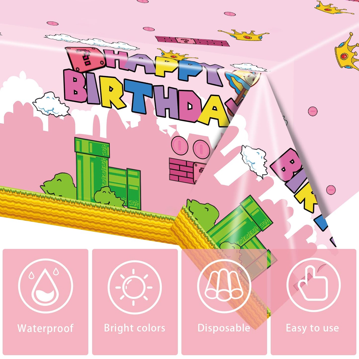 USERTEN 2Pcs Super Brothers Adventure Party Tablecloths 108 x 54 inches Video Game Theme Plastic Table Cloth Fits for Princess Peach Girl Birthday Party Decoration Pink Disposable Tablecover Supplies