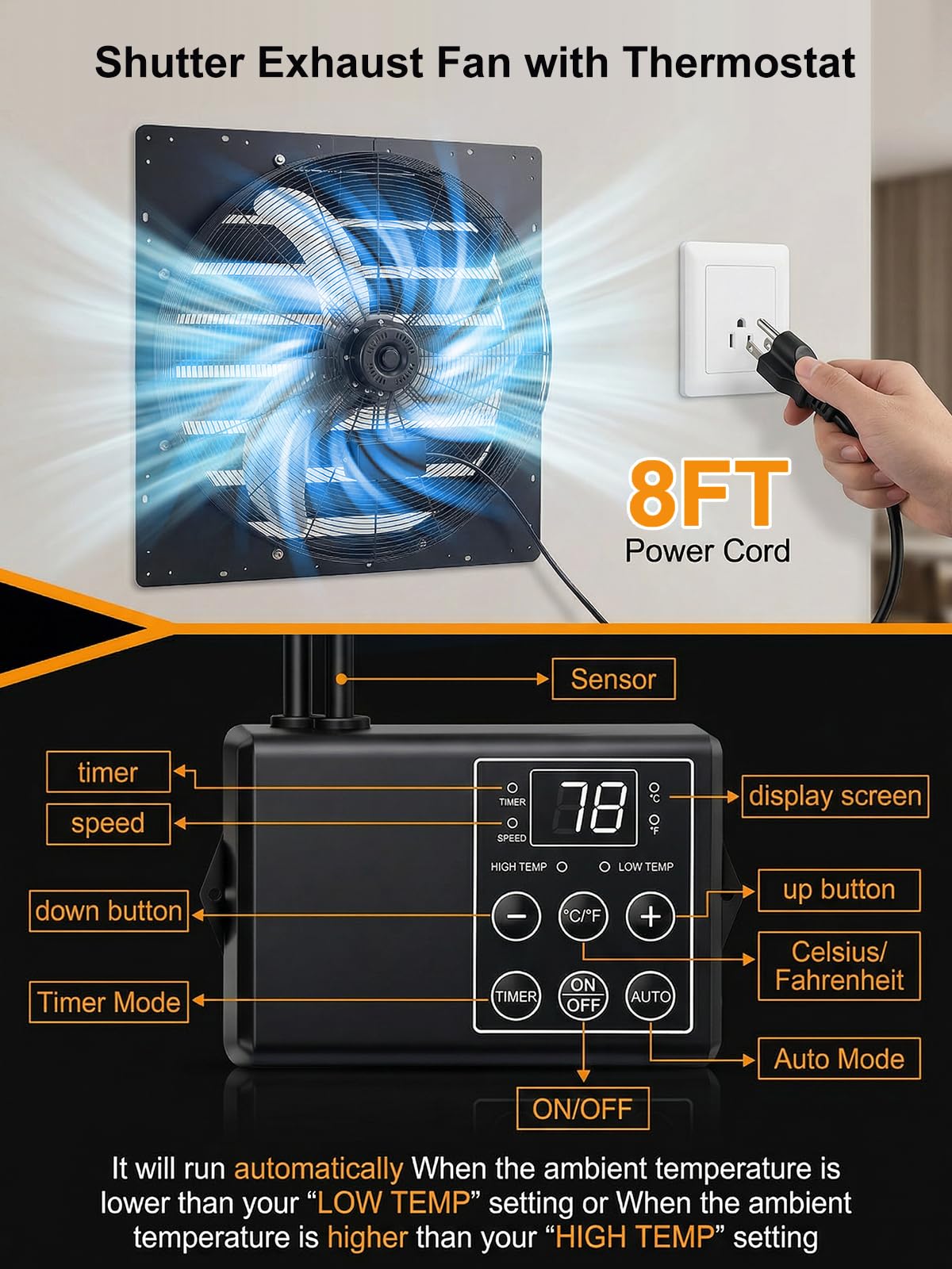 30in Shutter Exhaust Fan with Thermostat,Wall Mounted Attic Ventilation Fan,7000CFM,8m/s,Window Shutter Exhaust Fan with Remote,Controller,3Speed,Timer,All-Metal for Garage,Greenhouse,Attic,Coop,Black