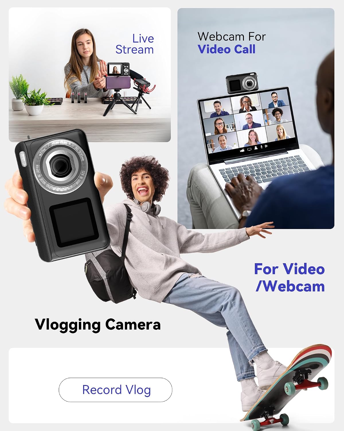 Jexylon 2.7K 16x 32GB Digital Camera, Real Dual-Screen Digital Camera for Photography Auto-Focus Vlogging Camera